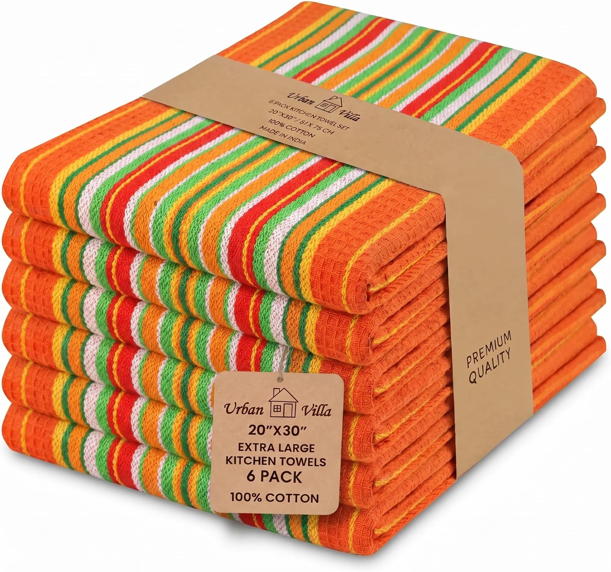 Kitchen Towels, Premium Quality, 100% Cotton Dish Towels,Mitered Corners,Ultra Soft (Size: 20X30 Inch), Orange Waffle Stripes, Highly Absorbent Bar Towels & Tea Towels - (Set of 6)