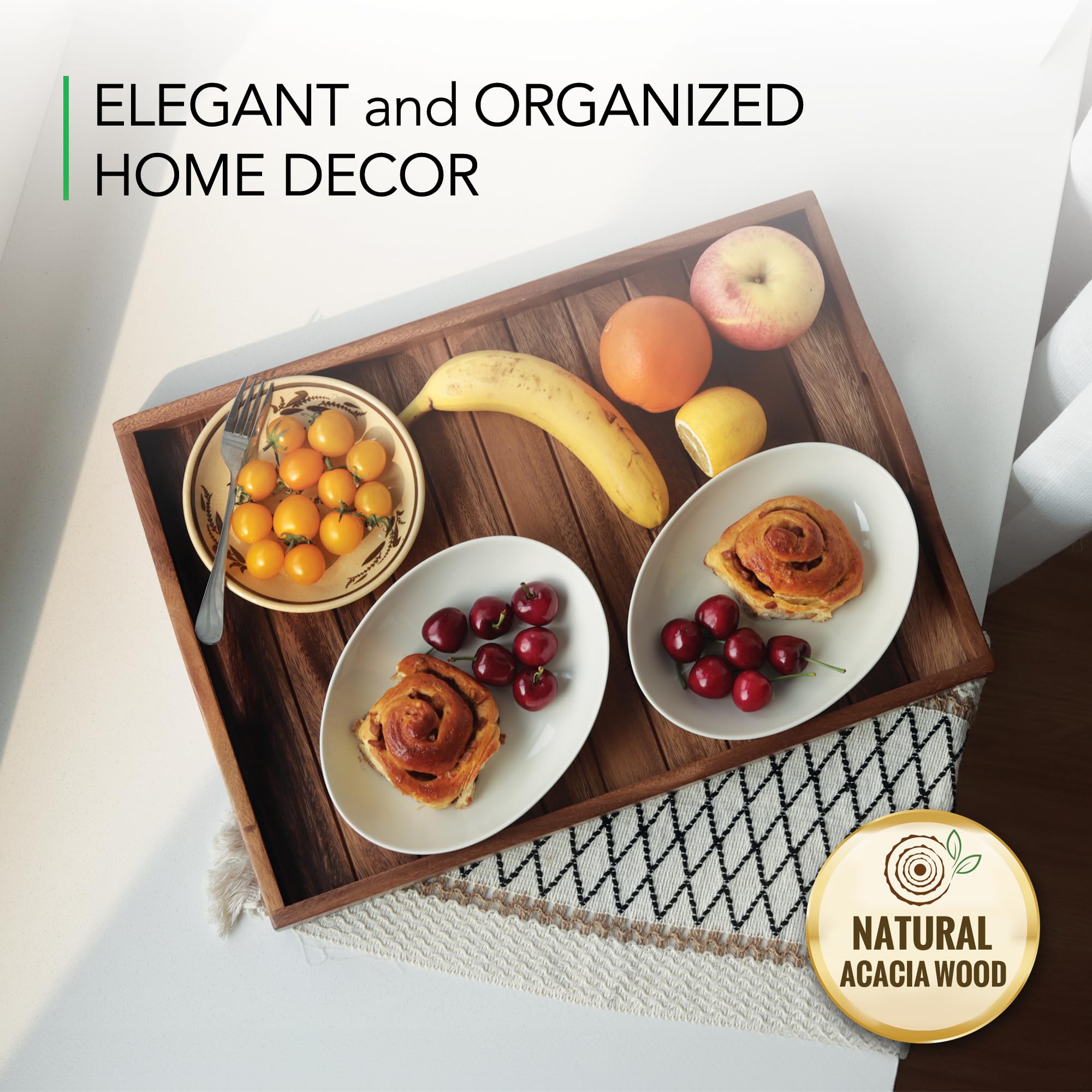 Bandeja Extragrande de Madera de Acacia con Asas, 50,8 x 35,5 cm – Ideal para Sala de Estar, otomana, Cocina, Bar, Desayuno y Cena (Color Natural)