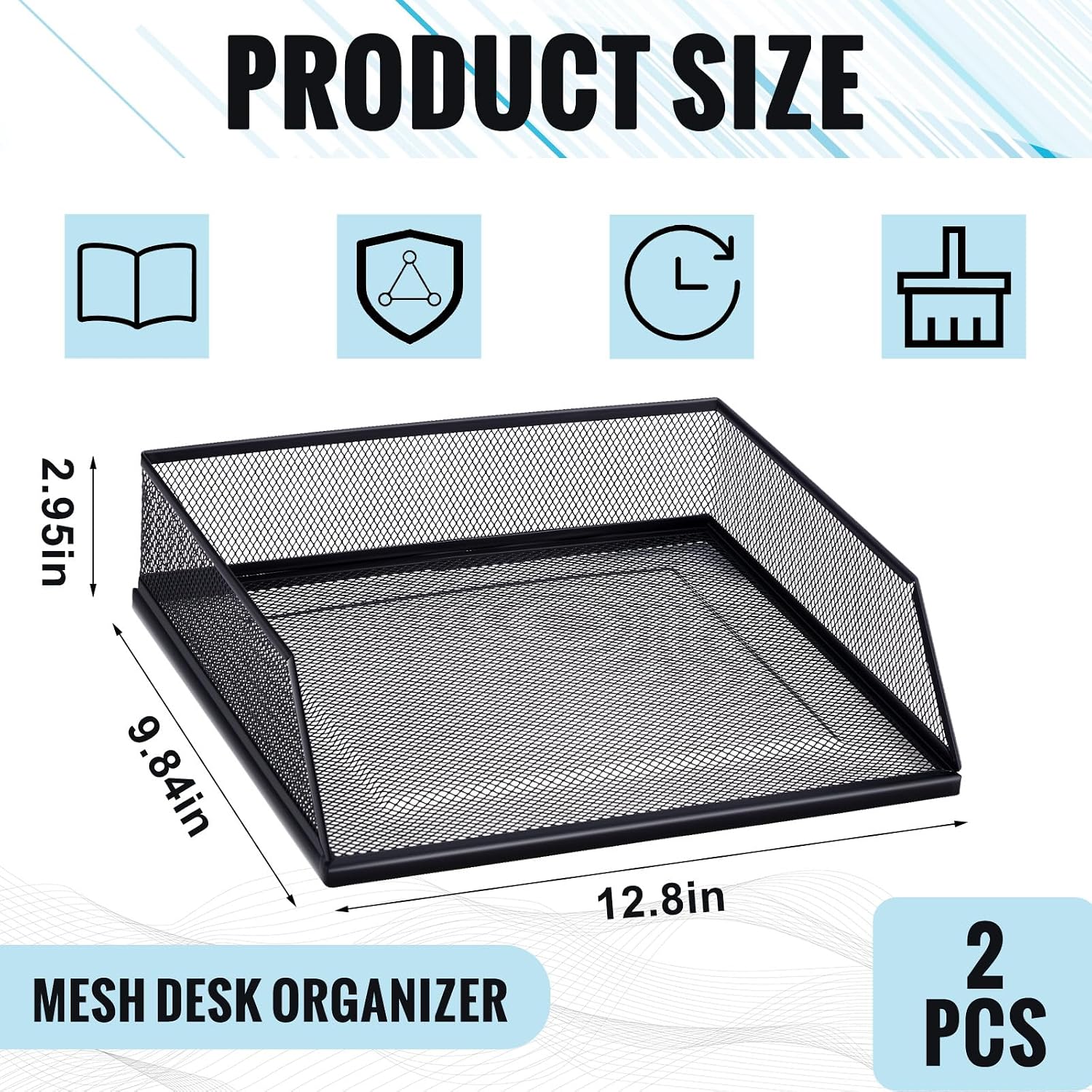 Hicarer 2 Pcs Black Metal Letter Tray Stackable Desk Tray Single Wire Mesh Organizer Front Load File Paper Holder for Desktop Office Home School Classroom (9.84 x 12.8 Inch)