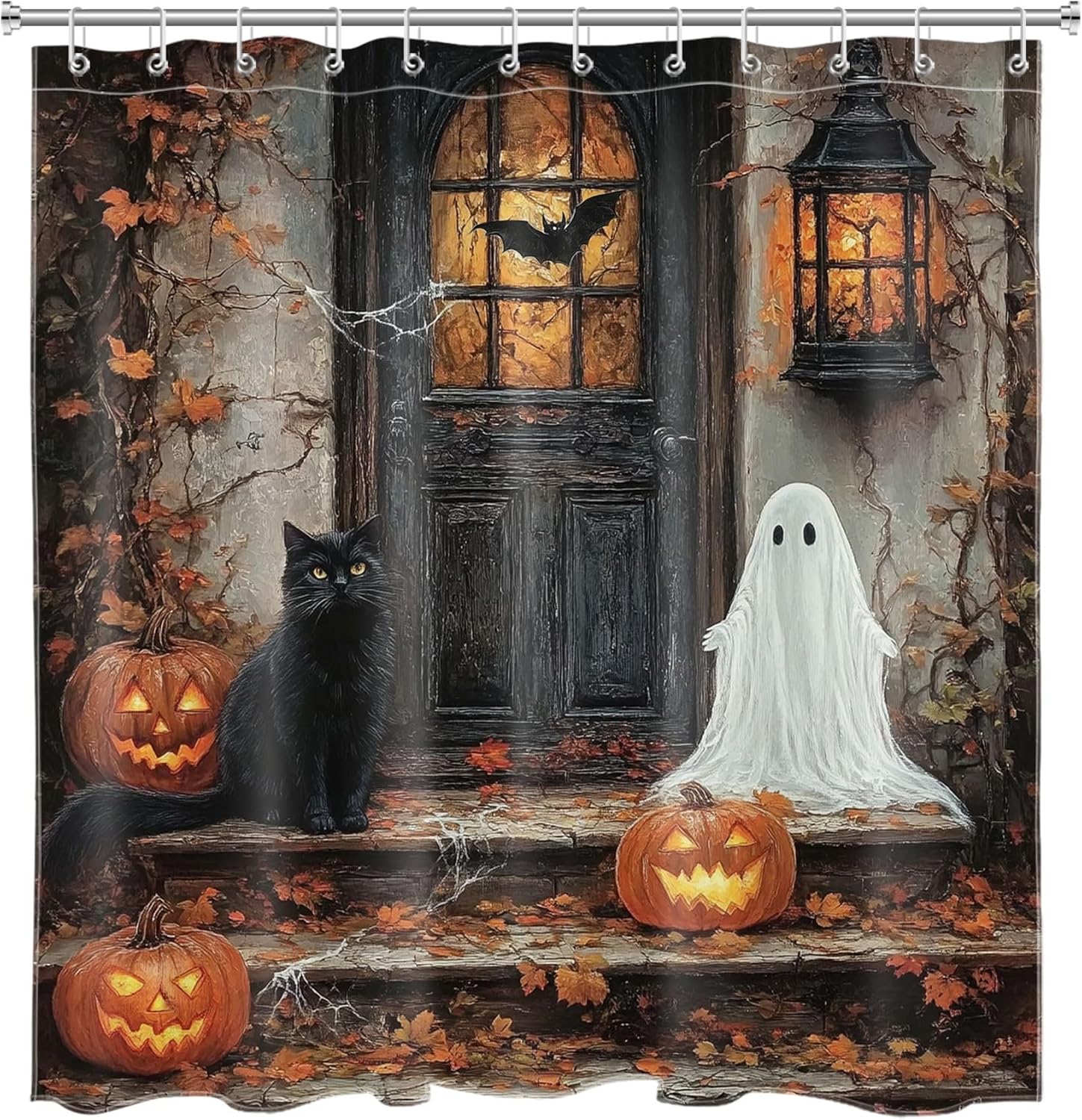 Spooky Halloween Shower Curtain Set Black Cat and Ghost Bat Fall Country Shower Curtains with 12 Hooks and Memory Foam Bathroom Rugs Vintage Pumpkin and Leaves Washable Bath Curtains Shower Set