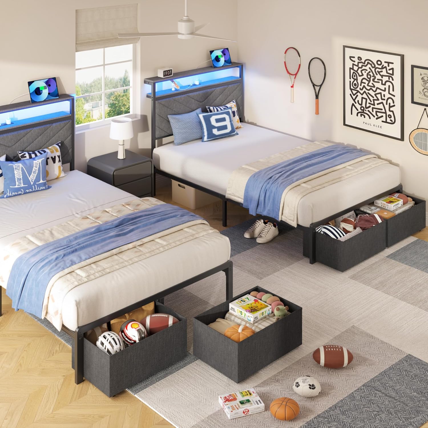 HISOFT Twin Bed Frame with Charging Station, LED Lights & 2 Storage Drawers, Grey Platform Bed with Upholstered Headboard, Under-Bed Storage, No Box Spring Needed, Easy Assembly, Strong Metal Support - Image 4