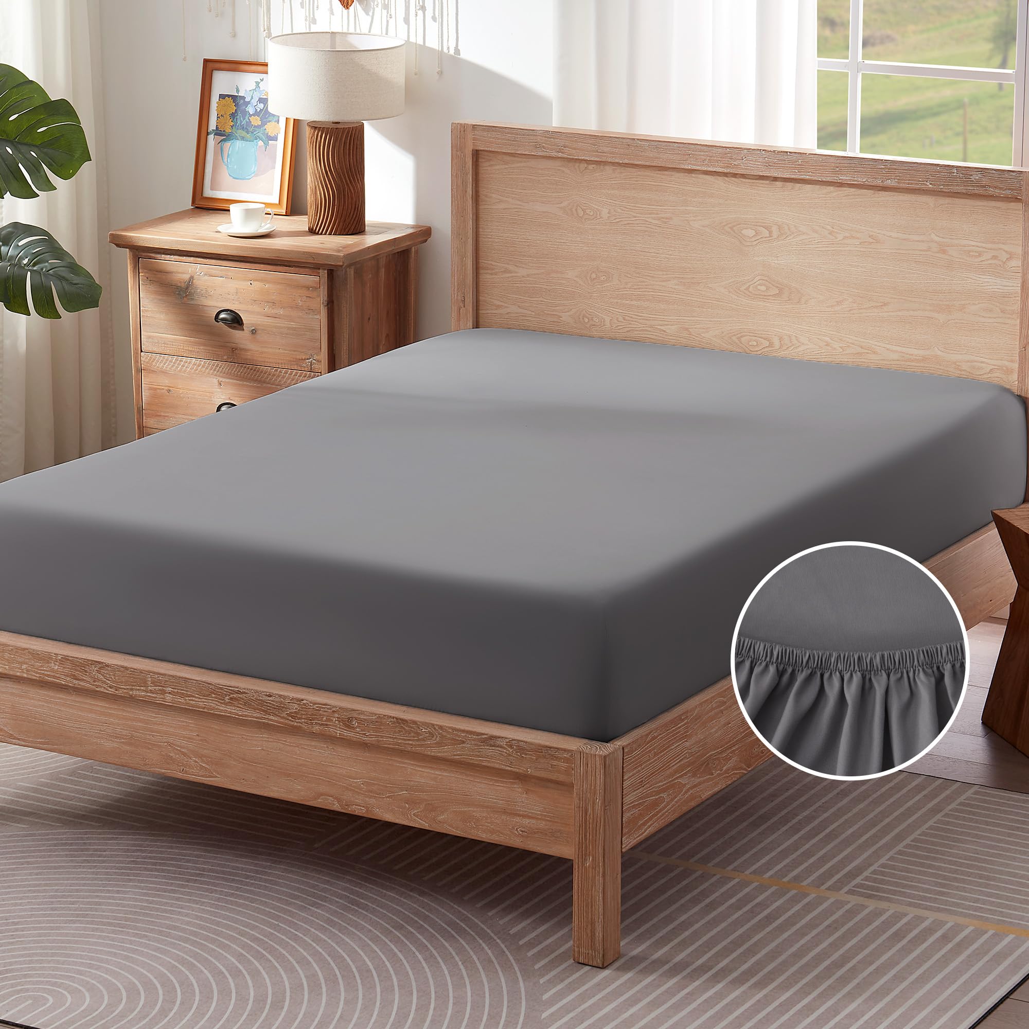 Sonive Fitted Sheet Extra Deep Bedding Sheet,30cm Extra Deep, Non Slip, for Adults and Elderly,Dark gray,180x200cm