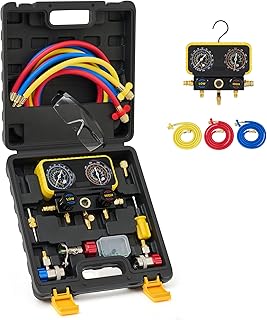 Orion Motor Tech AC Manifold Gauge Set for R134a R12 R22 R502 Refrigerants, Automotive AC Gauge Set, Precision Refrigerant Gauge Kit with 5' Hose, Tank AC Adapters, Adjustable Couplers, Can Tap