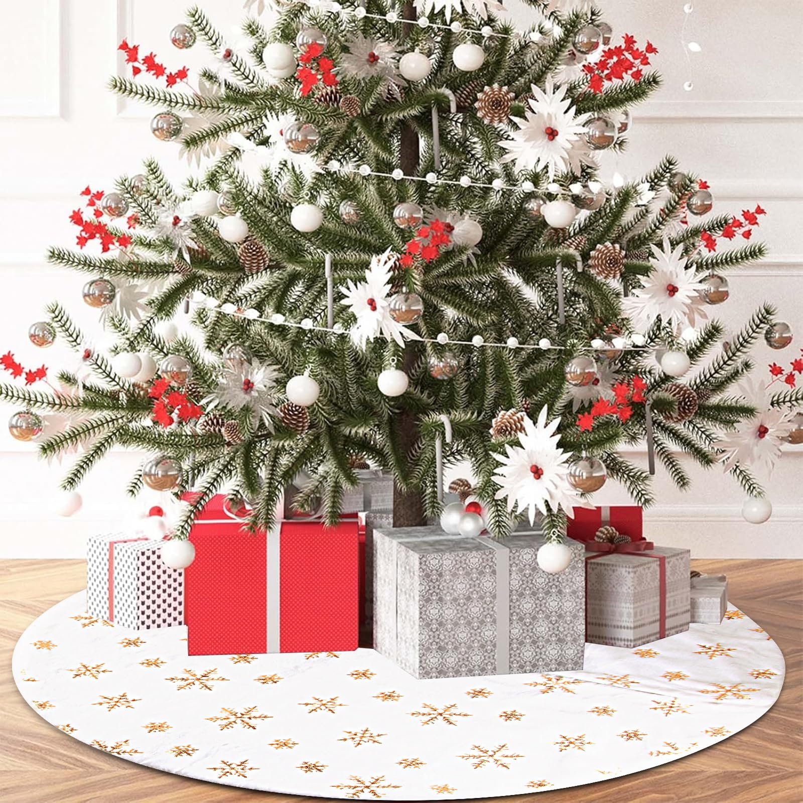 Gonna Albero Di Natale Rossa Con Fiocchi Di Neve - Tappetino Morbido In Velluto 122 Cm, Copribase Per Decorazioni Natalizie