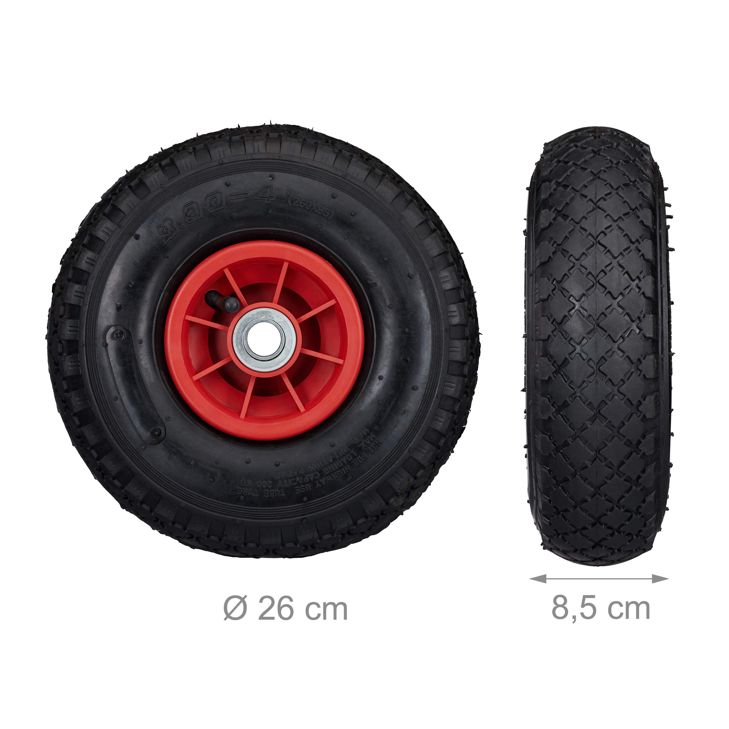 Relaxdays Diable Set de 2 brouette, Roue de Rechange axe,3.00-4, Caoutchouc 260x85 mm 80 kg, Noir-Rouge