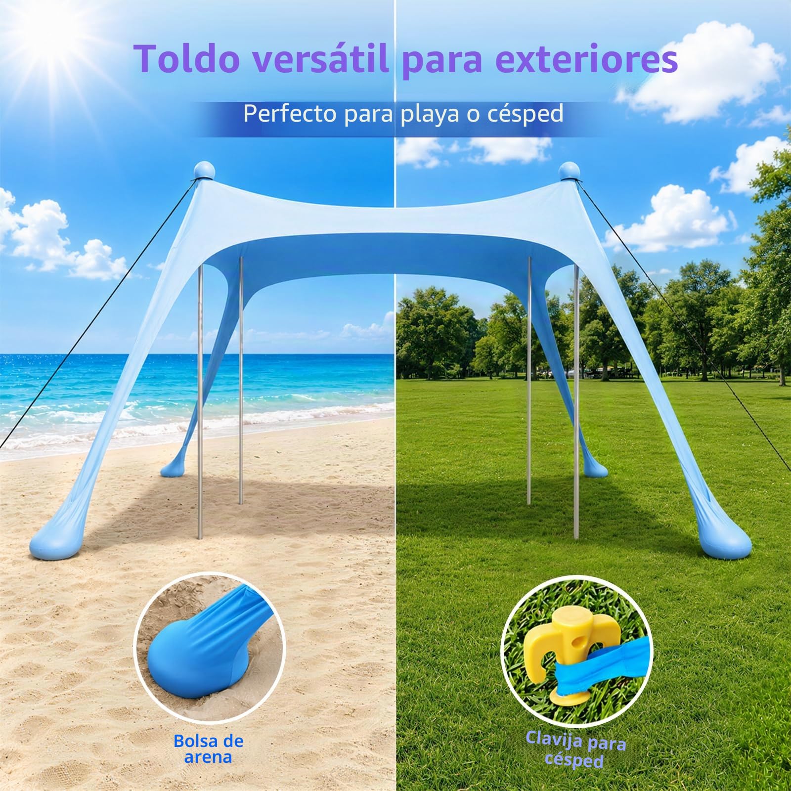 Tienda de Playa UPF50+ con Esterilla, Toldo Solar Antiviento Portátil | Refugio con Anclajes de Arena y Barras de Aluminio, Fácil Montaje para Camping, Playa y Picnic, 10x10FT Azul Cielo