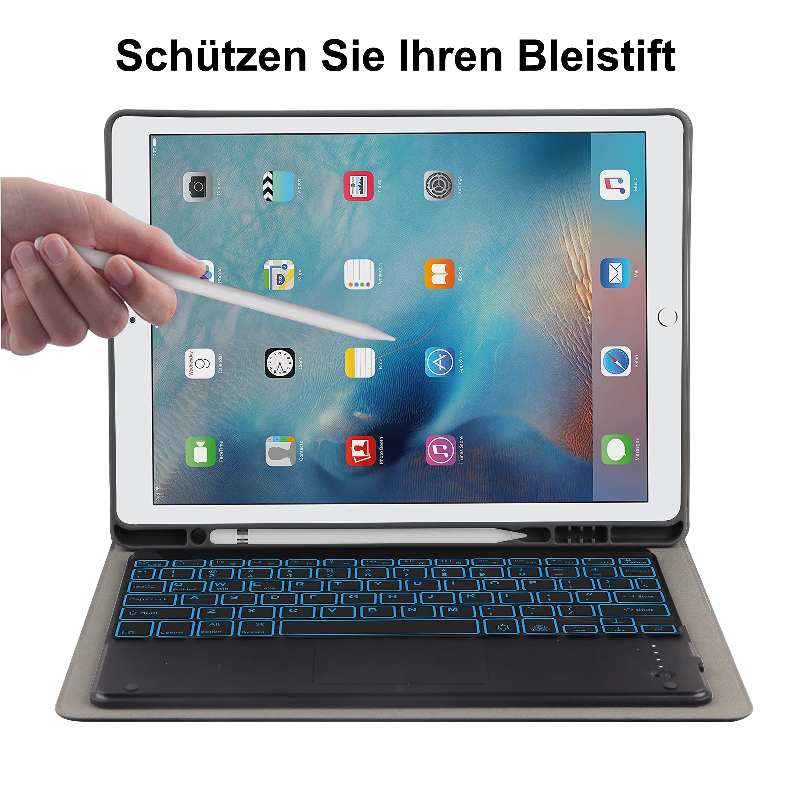 Etui na klawiaturę do iPad Pro 12.9 2015/2017 (1./2. generacji), układ angielski i niemiecki, 7-kolorowa klawiatura z podświetleniem i touchpad, skórzane etui z uchwytem na długopis, czarne