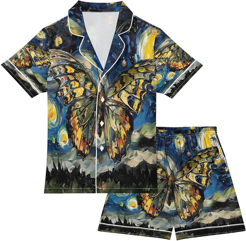 panksolu Satin Pajama Sets Short Sleeve Button Down Silky Nightwear 2 Piece PJS 5-14 Years