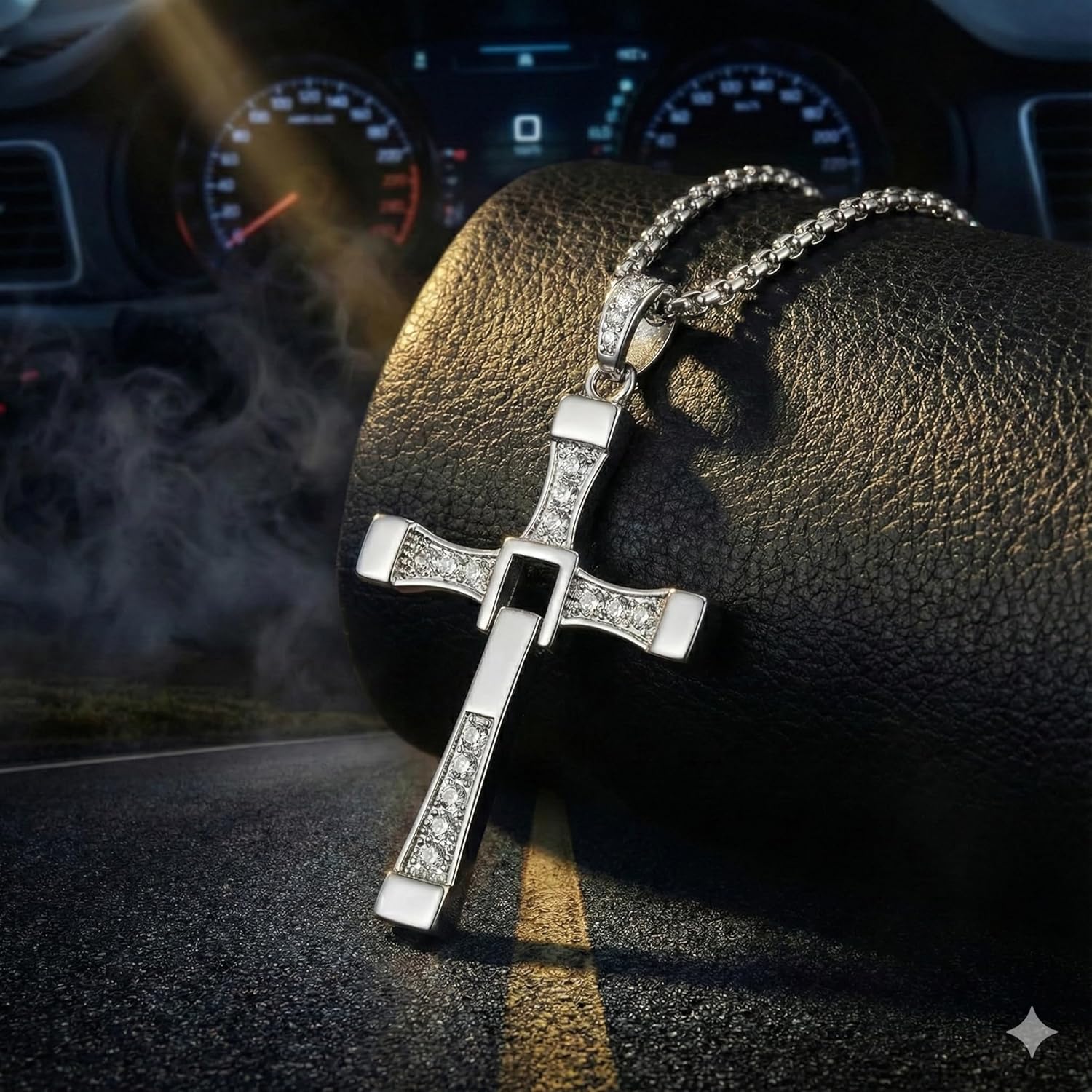 Dom Toretto Cross Necklace, Ozzy Osbourne Cross Necklace, Dominic Toretto Necklaces with Small Diamonds Silver, Stainless Silver Cross Chain for Men, Mens Cross Necklaces - Image 4
