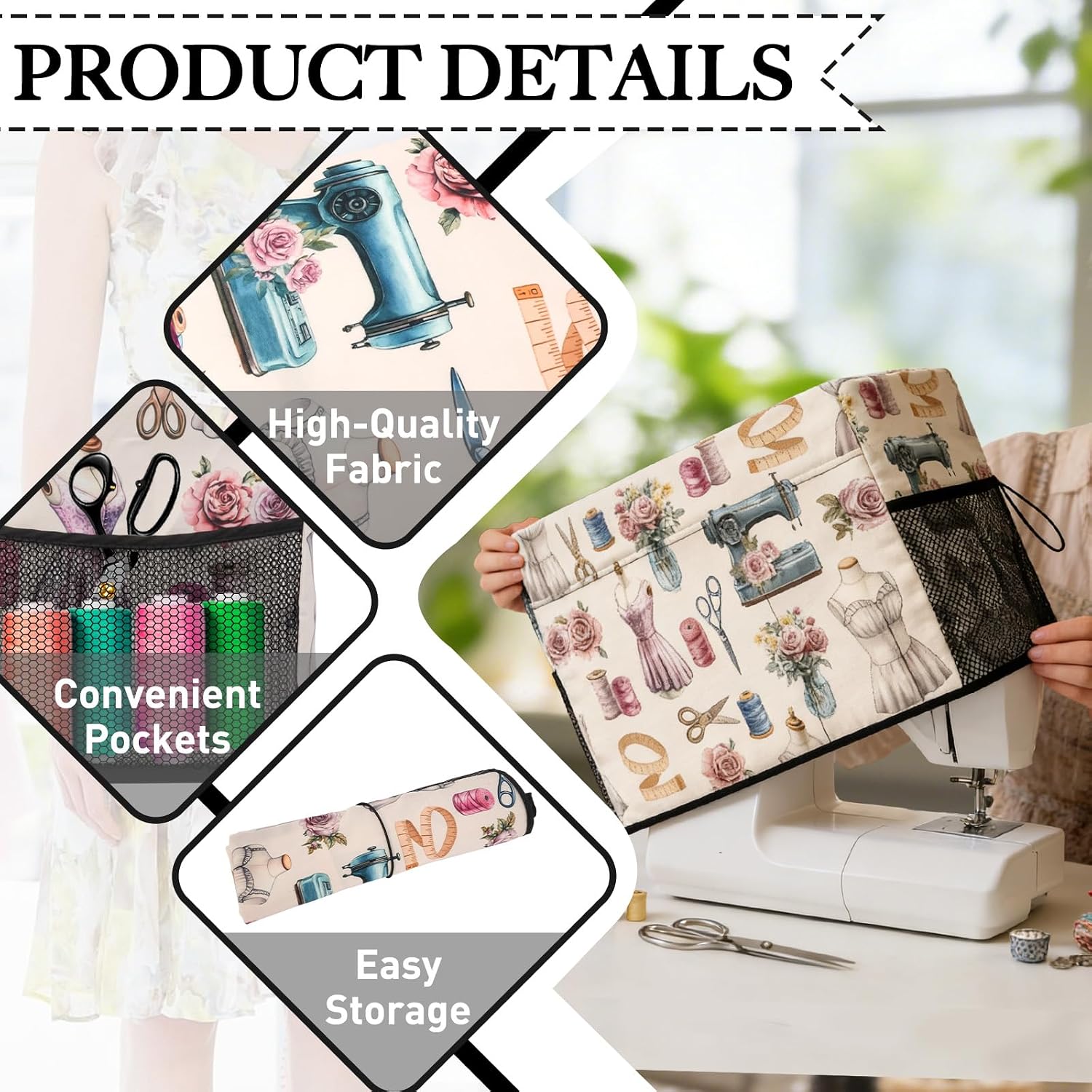 WRENYZK Sewing Machine Cover, Decorative Dust Cover with Sewing Tool, Stylish Sewing Machine Case, Protective Dust Covers with Storage Pockets for Most Standard Sewing Machines and Accessories