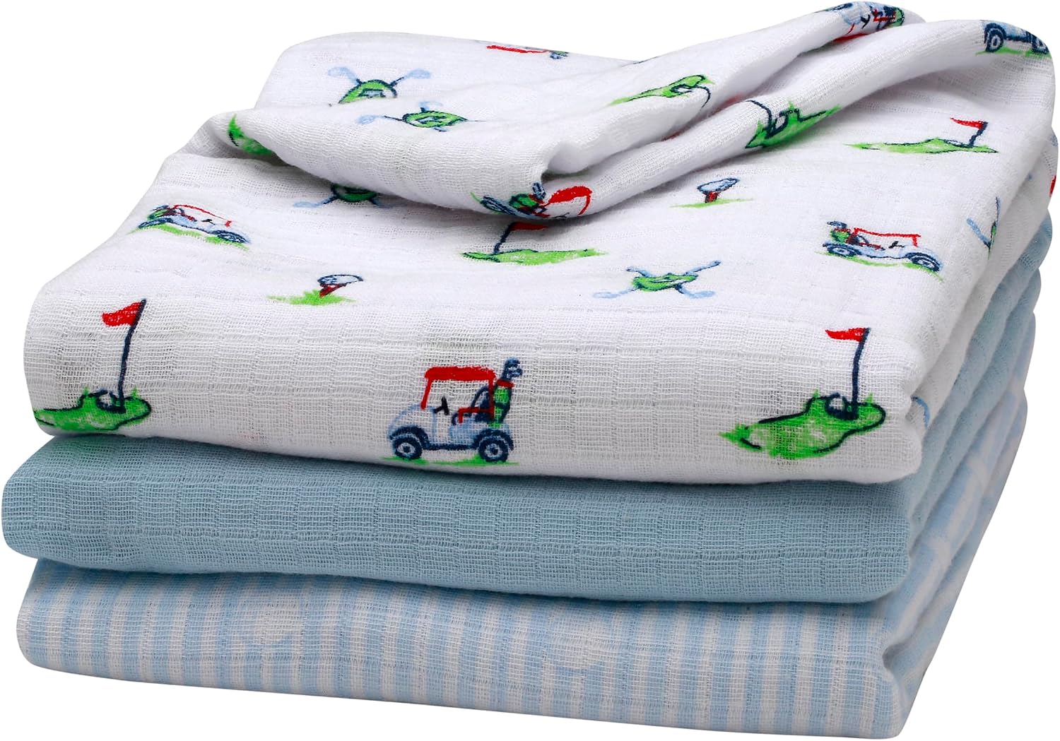 3 Pack Cotton Muslin Swaddle Blankets for Baby, 40″ x 36″, Lightweight, Breathable, Blue, (Golf Print, Stripe, Solid)