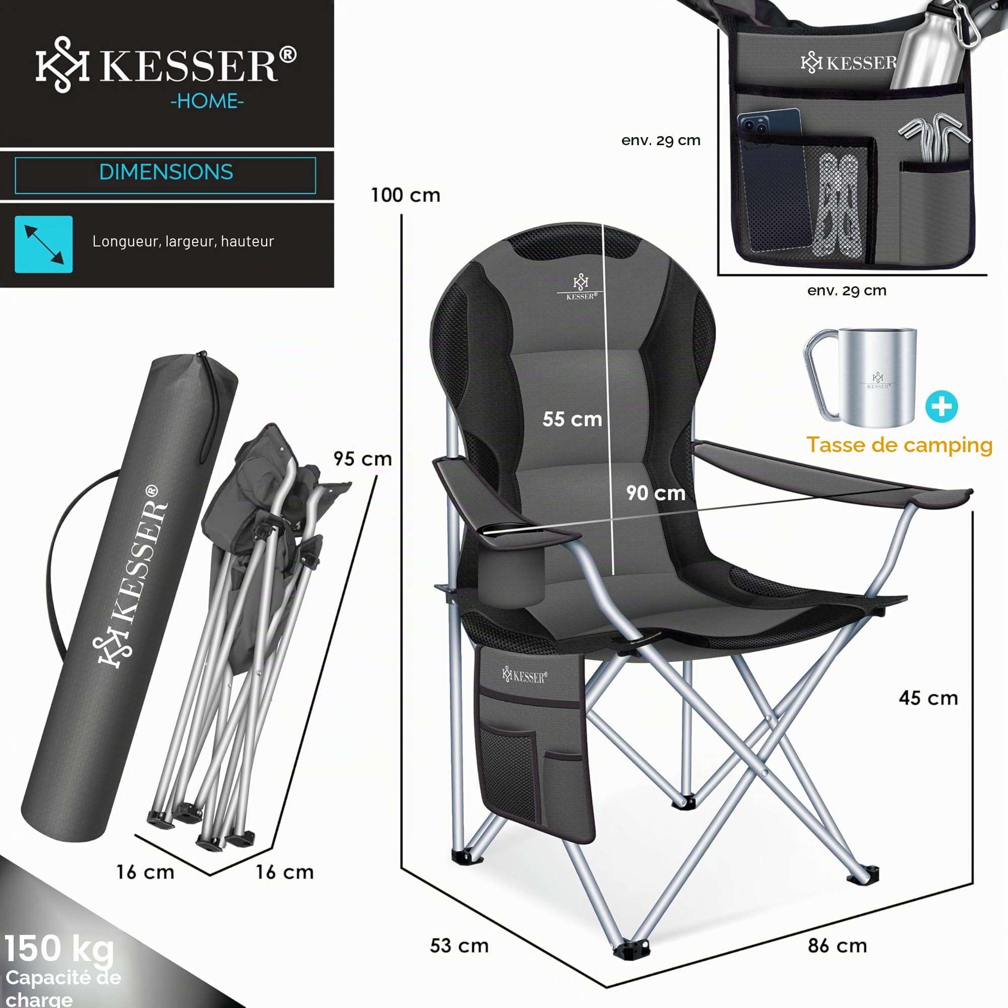 KESSER® Chaise de camping jusqu'à 150 kg, de pêche, pliable, rembourrée avec accoudoirs et dossier haut, lumière de camping et porte-gobelets + sac, pliable, anthracite/noir