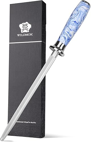 WILDMOK Varilla de afilar cuchillos de acero de alto carbono de 8 pulgadas con mango ergonómico de resina, acero de afilado profesional para