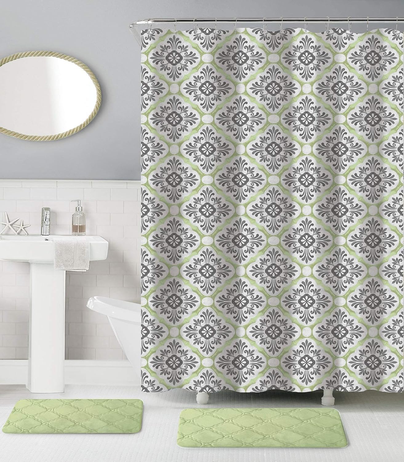 BH Home 15 Pieces Shower Curtain and Super Soft Memory Foam Rugs Set. 100% Microfiber Mats. (Charlie)