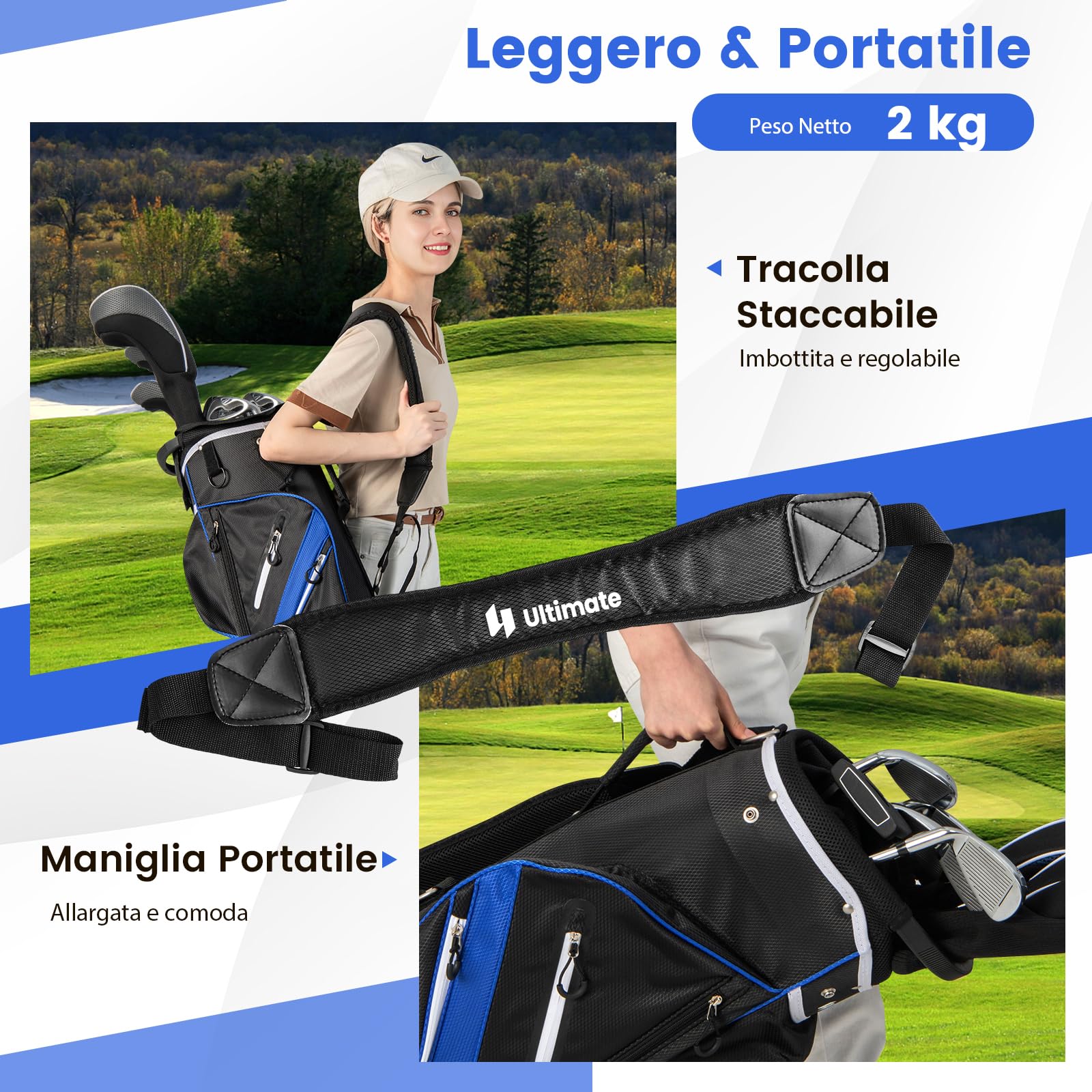 COSTWAY Borsa da Golf con Divisori Superiori a 14 Vie, 9 Tasche, Tasca Termica, Tasca per Scarpe, Porta Ombrello, Doppia Tracolla e Cappuccio Antipioggia, Sacca da Golf per Uomo e Donna