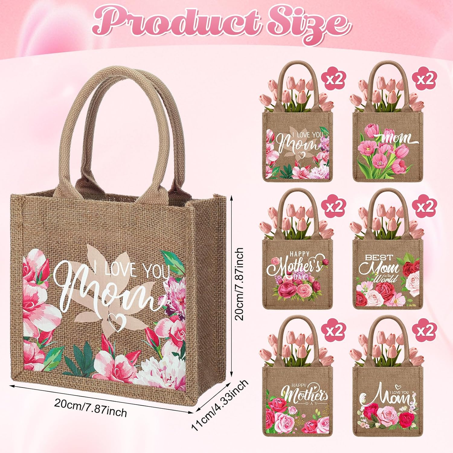 Huhumy 12 Pack Mother's Day Flower Burlap Tote Bags with Handles Reusable Jute Happy Mother's Day Gift Bags for Gift Wrapping For Best Mom Birthday Party Favor