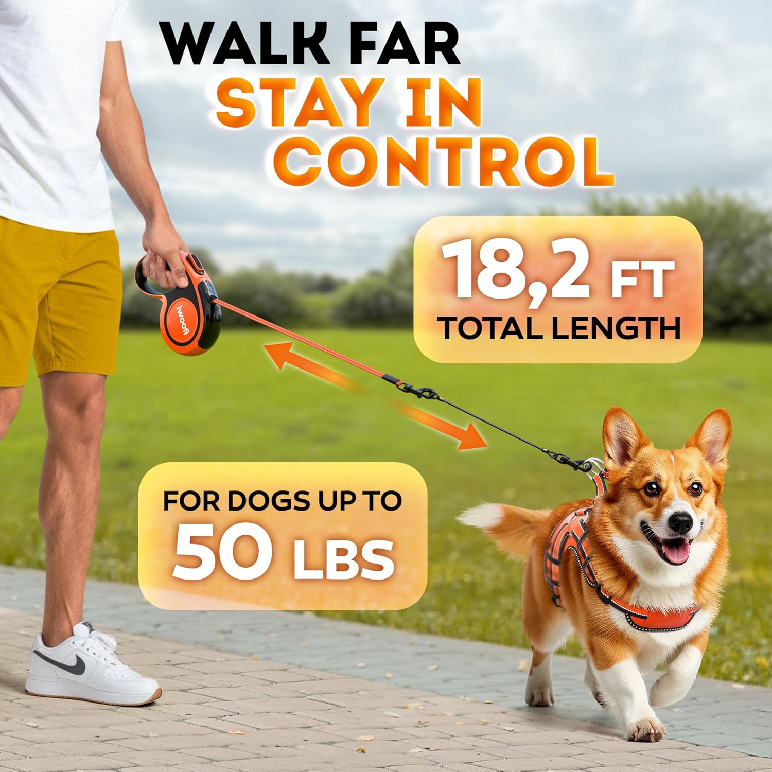 Retractable Dog Leash 18.2 ft – Chew Proof Cable Included – 360° Tangle-Free Design – Heavy Duty Reflective Leash – Soft Anti-Slip Grip Outdoor Daily for Small & Medium Dogs up to 50 lbs (Orange) 0-50 LBS Orange