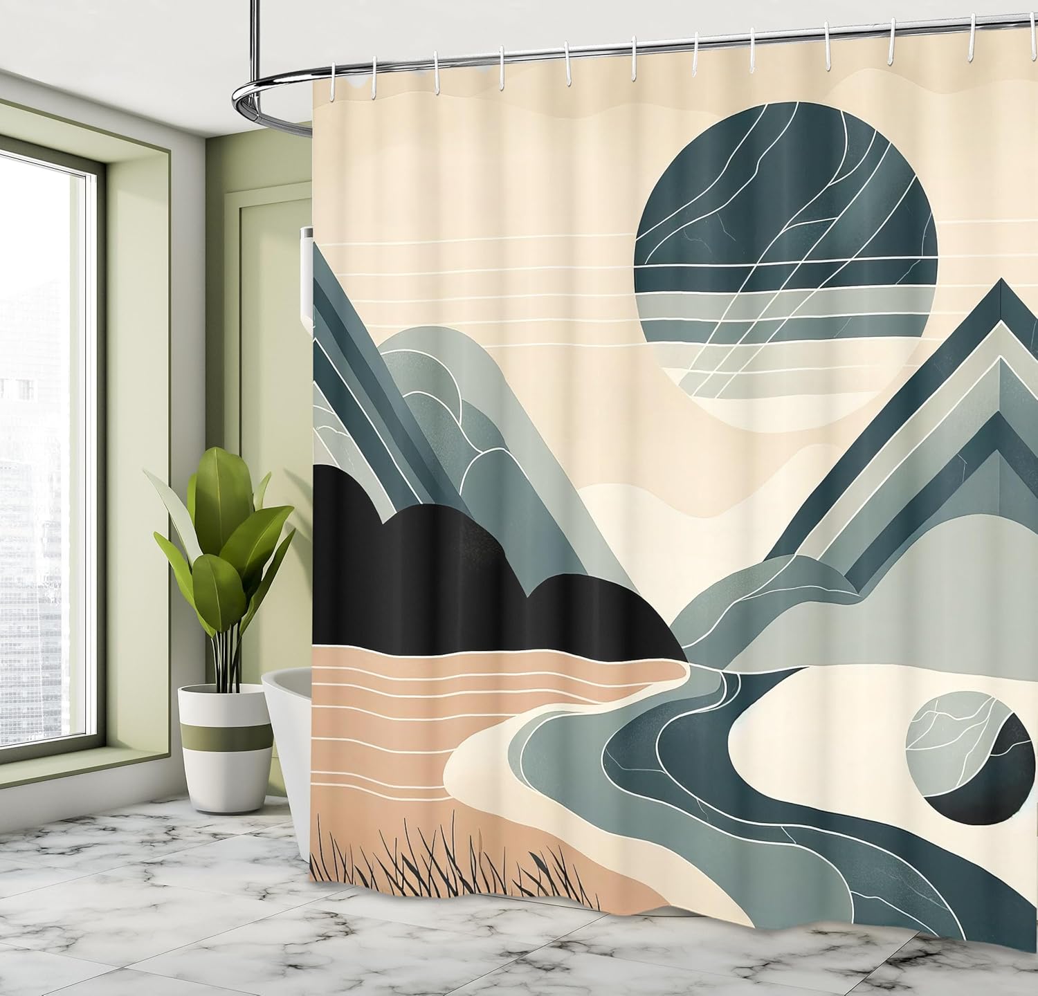 Ambesonne Mid Century Modern Boho Shower Curtain, Minimalist Landscape with Triangular Mountains Sea Shore, Cloth Fabric Bathroom Decor Set with Hooks, 69" W x 84" L, Dark Teal Ecru Ivory