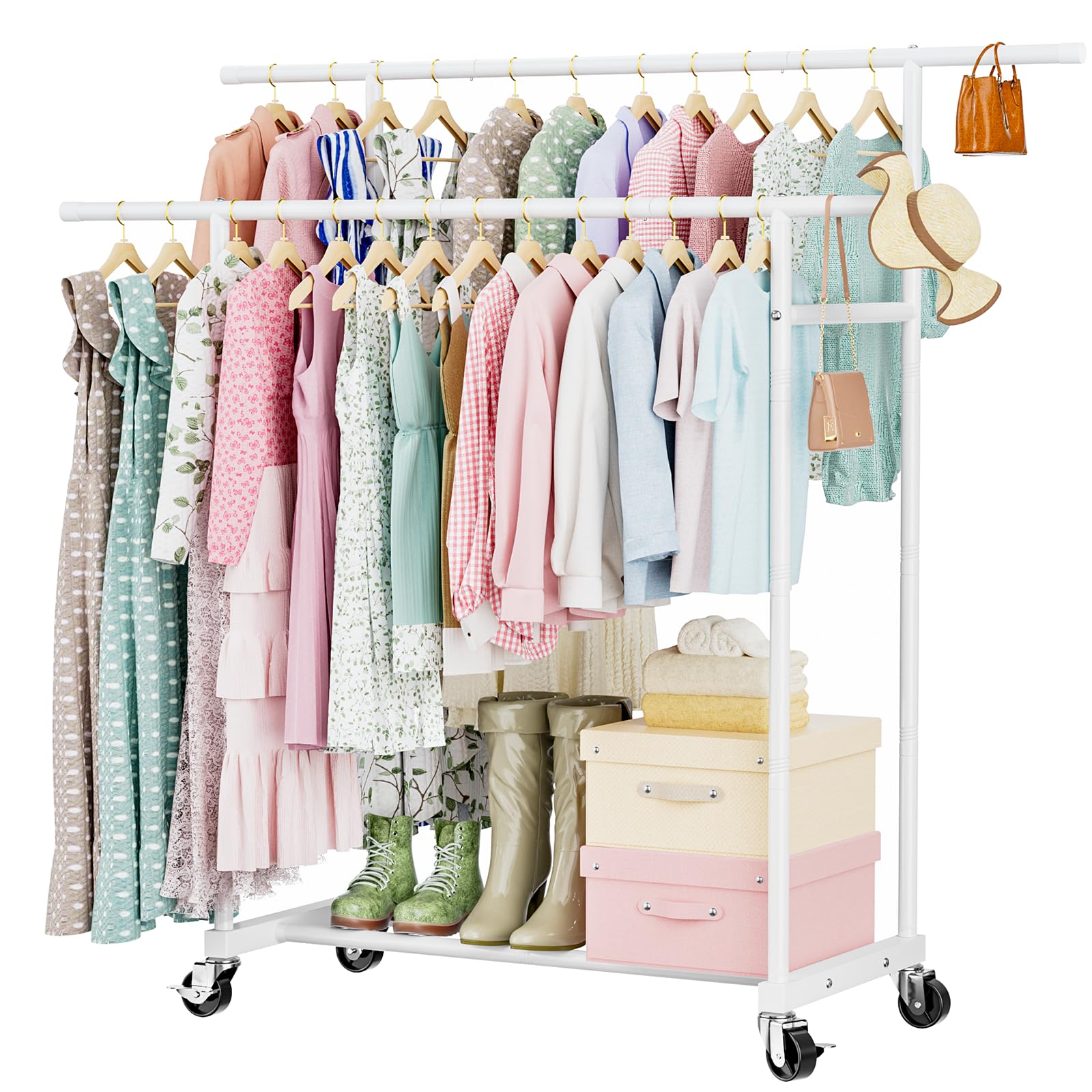 Abiglifty Double Rods Clothes Rack for Hanging Clothes Clothing Rack with Wheels Portable Closet Organizer for Laundry Room