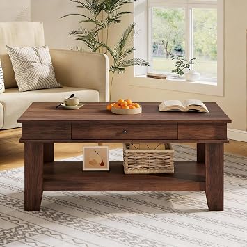 Rectangular Coffee Table for Living Room, Center Table with Drawer & Open Shelf, Modern Farmhouse Living Room Table, Sturdy Four Legs, Easy-Clean, 2-Tier Storage, Brown