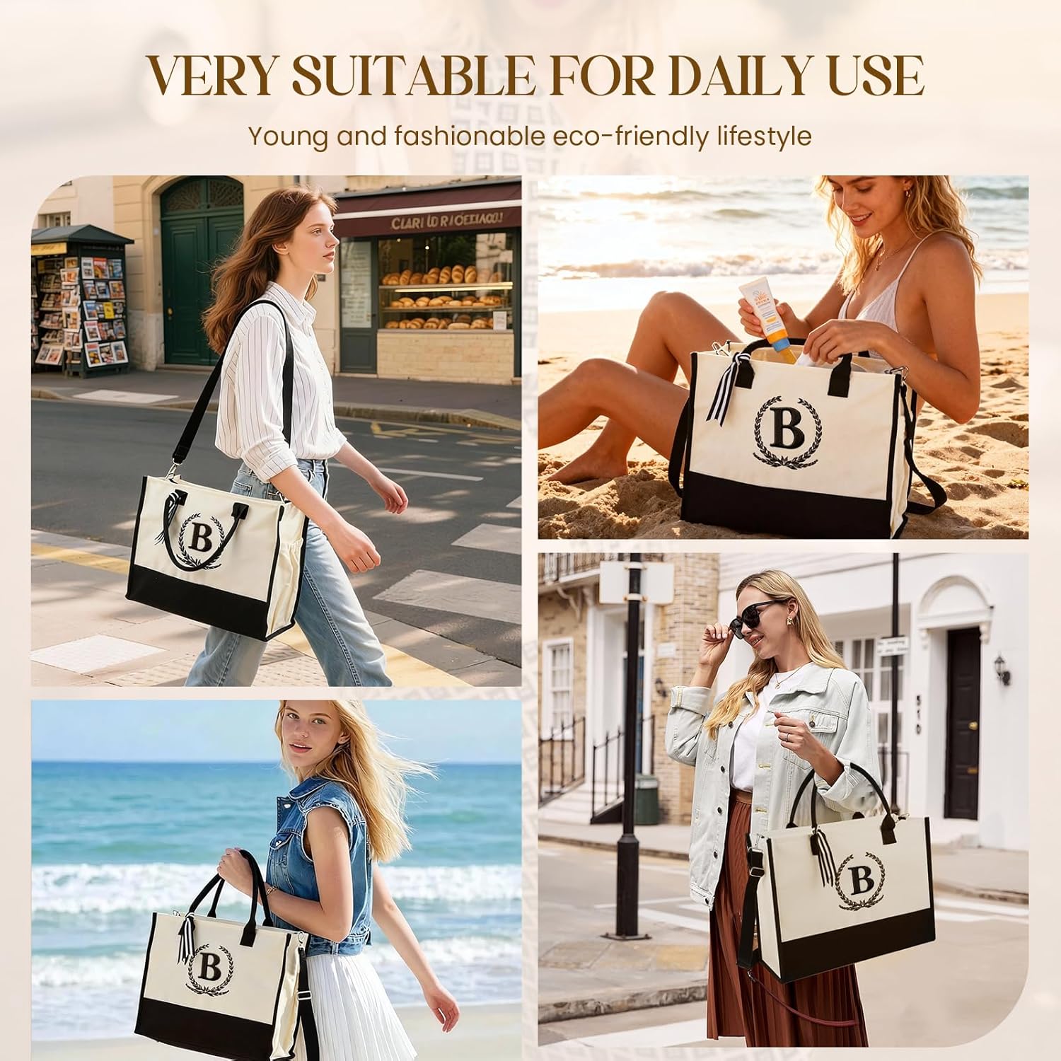 Personalized Canvas Tote Bag for Women Makeup Pouch Initial Beach Bag Removable Bottom Board for Travel Birthday