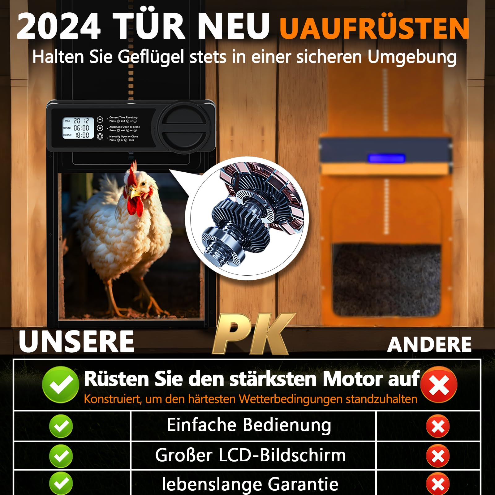 Hühnerklappe Automatisch – Groß mit Zeit-/Handmodus Einklemmschutz, automatische Hühnerklappe aus Aluminiumlegierung, elektrische Hühnertür | Kältetauglich | LCD-Bildschirm | Batteriewarnung