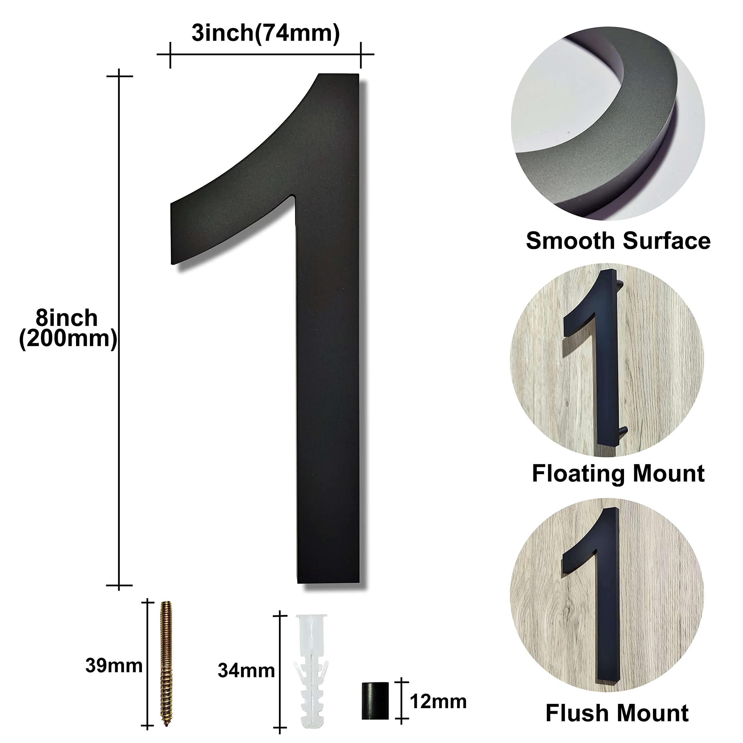 Numero civico esterno- 200mm -grande numero civico esterno galleggiante 3D moderno - resistente alle intemperie e facile da installare - realizzato in acrilico di alta qualità, numero nero(1)