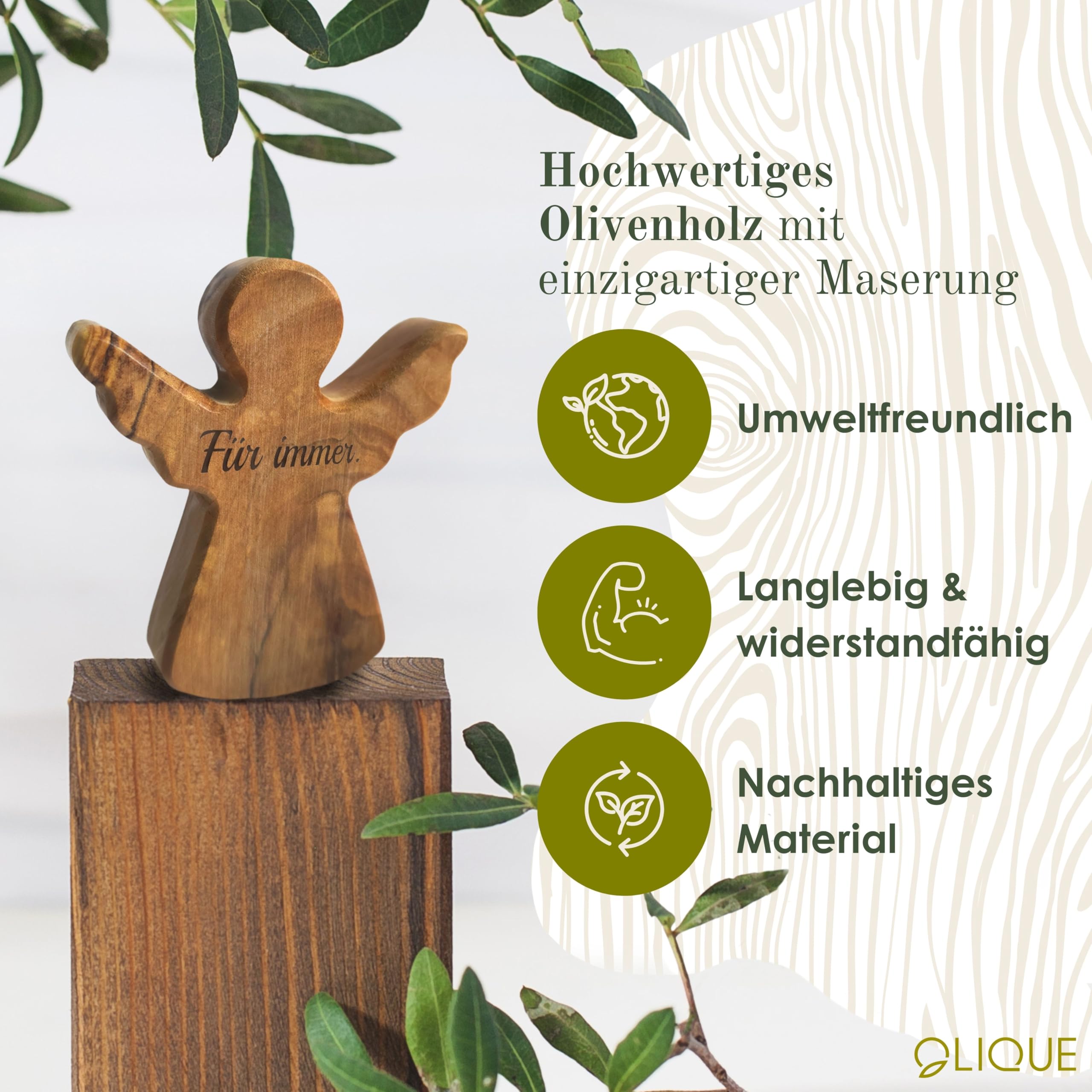 Ange Gardien en Bois d'Olivier - Figurine Artisanale Faite Main Idéale comme Cadeau pour Naissance, Baptême, Communion et Confirmation (Avec Gravure)