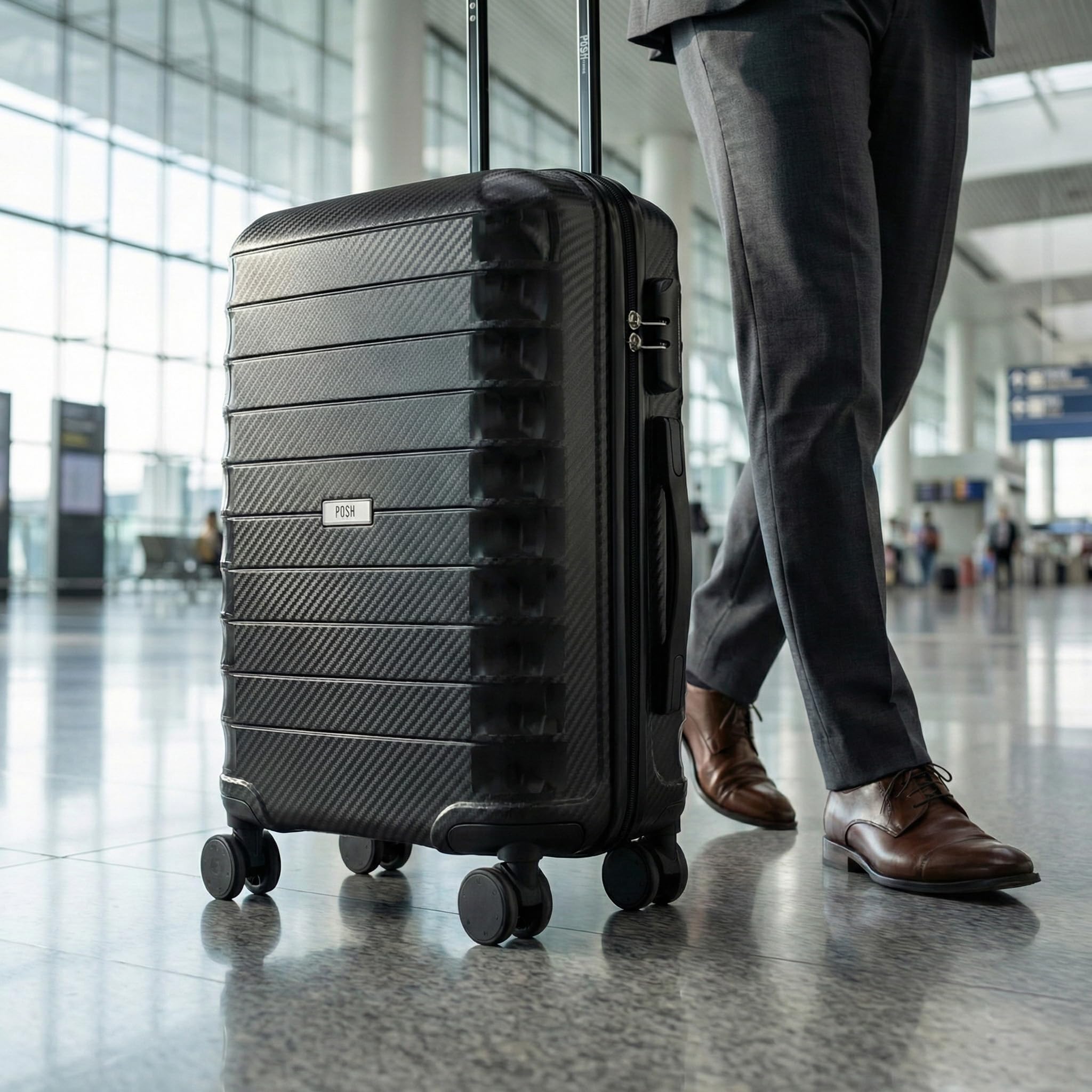 POSH Valigia rigida M in polipropilene - Trolley leggero da cabina 2,5 kg con effetto carbonio - Bagagli robusta con 4 doppie ruote – Capacità 40 litri, resistente ai graffi - 60x40x23 cm