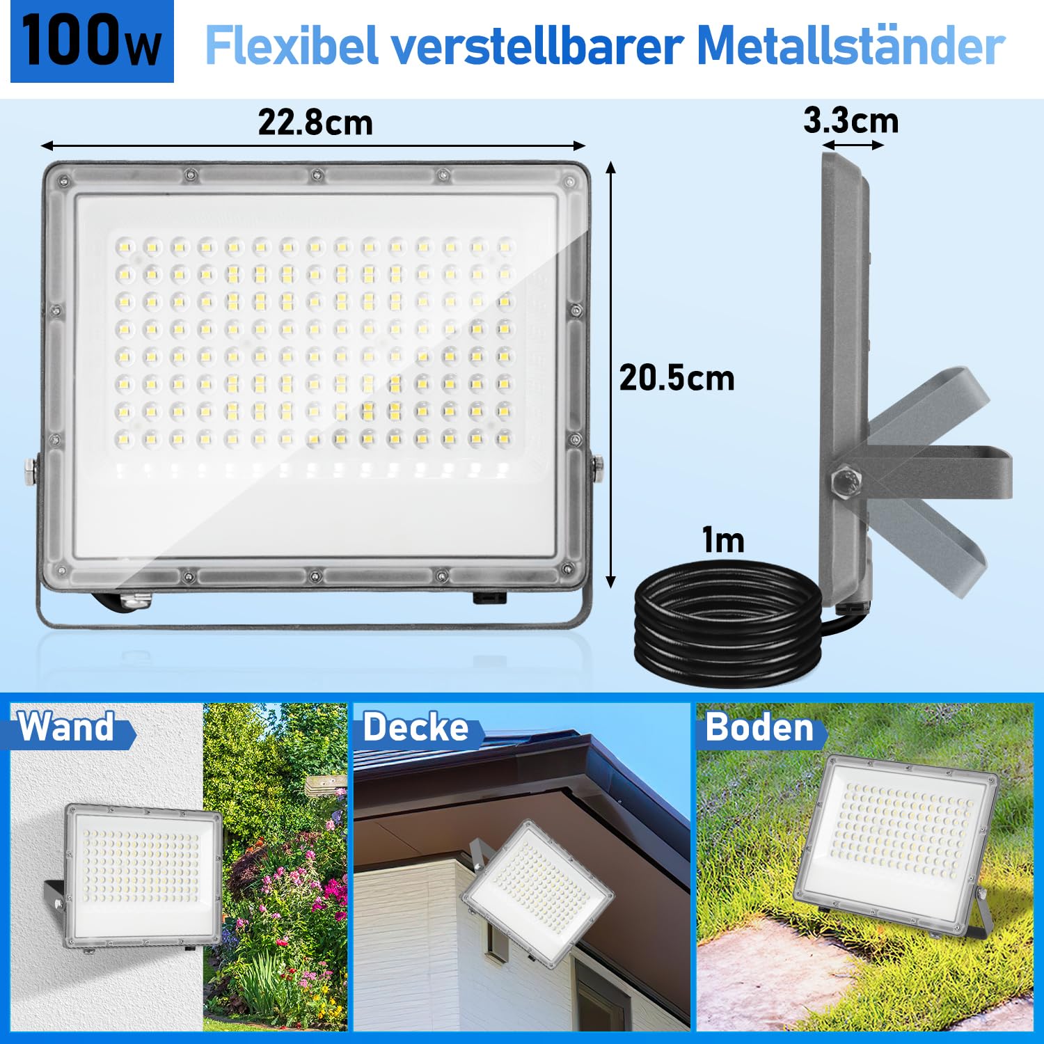 LED Strahler 100W Außen, 10 Stücke 9900LM Superhell LED Fluter, Außenbeleuchtung, IP65 Wasserdicht, 6000K Kaltweiß LED Scheinwerfer für Terrasse Sportplatz (kein Stecker)