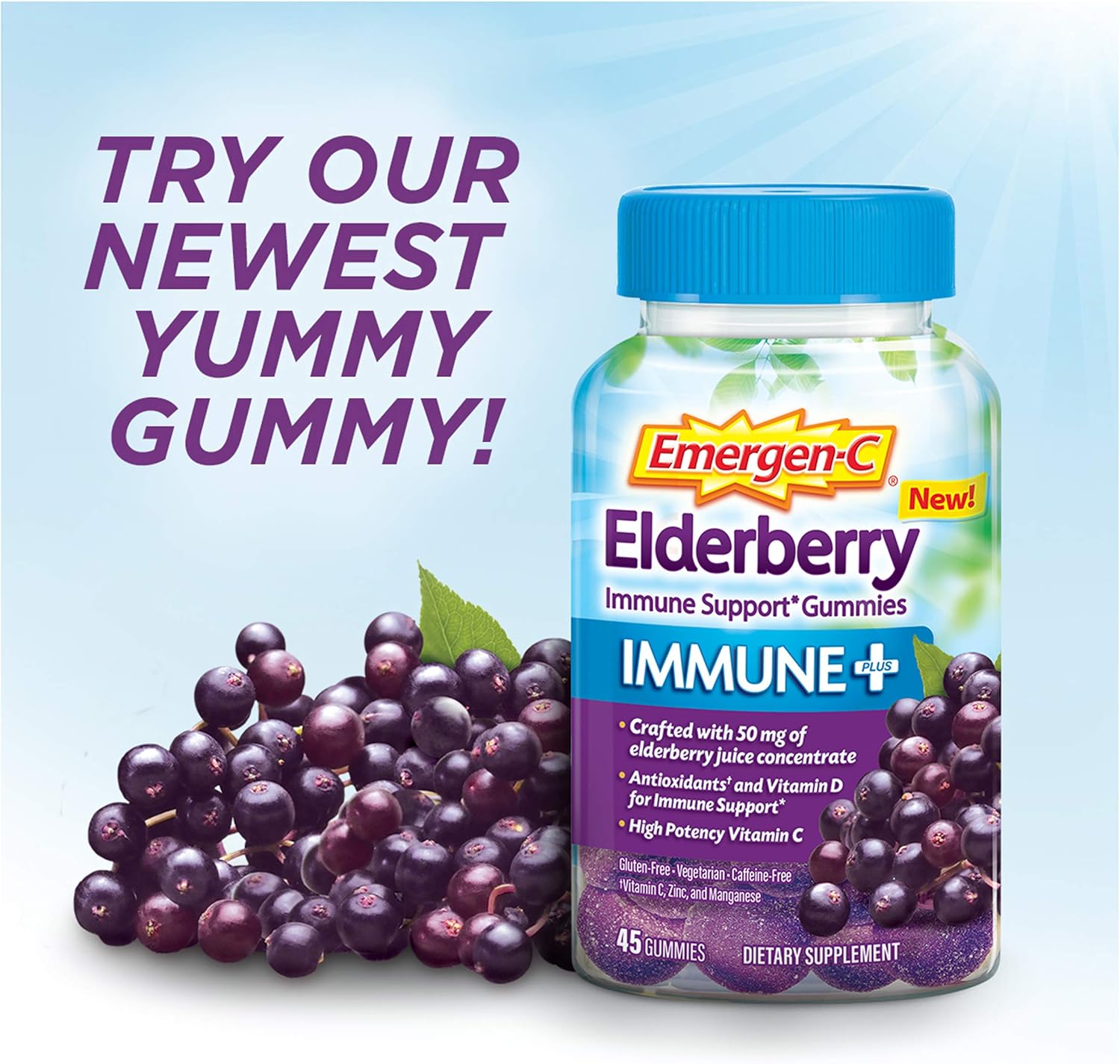 Emergen-C Immune+ Elderberry Gummies, 750 mg Vitamin C with Vitamin D, Zinc and Electrolytes, Immune Support Dietary Supplement, Caffeine Free, Gluten Free, Elderberry Flavor - 45 Count : Health & Household