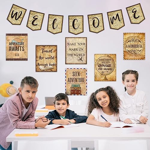 Miniatura 6 de Chinco Decoración de aula de viaje por el mapa, recortes de tablón de anuncios de bienvenida, arte de pared inspirador, carteles temáticos de viaje,