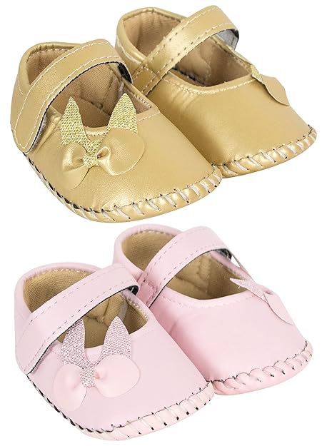 Neska Moda Set of 2 Pair 6 To 12 Months Baby Girls Synthetic Leather Baby Sandal Booties (Gold, Pink) -BT908andBT909