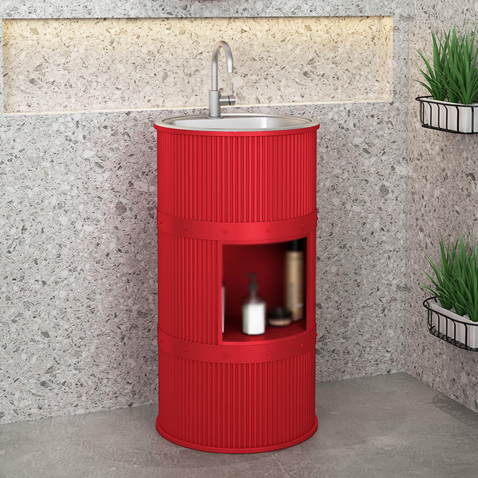 Freestanding Pedestal Sink, Piece Pedestal Sink?Pedestal Bathroom Sink, Industrial Style Washbasin with Faucet for Bathroom Outdoor School Hotel(Red,A-83X41cm)