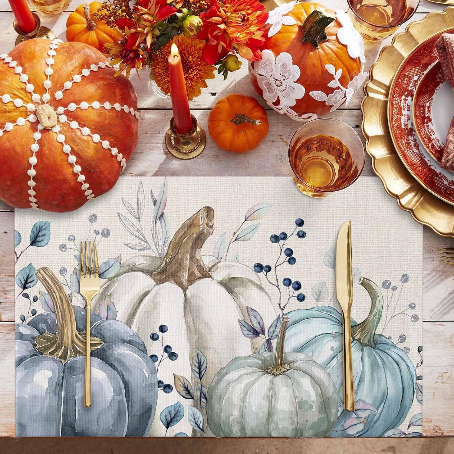 Fall Blue Pumpkins Placemats Set of 6, Autumn Washable Table Mats for Kitchen Dining Table, Thanksgiving Cotton Linen Place Mats for Indoor Outdoor Parties Holiday Decoration, Eucalyptus Leaves