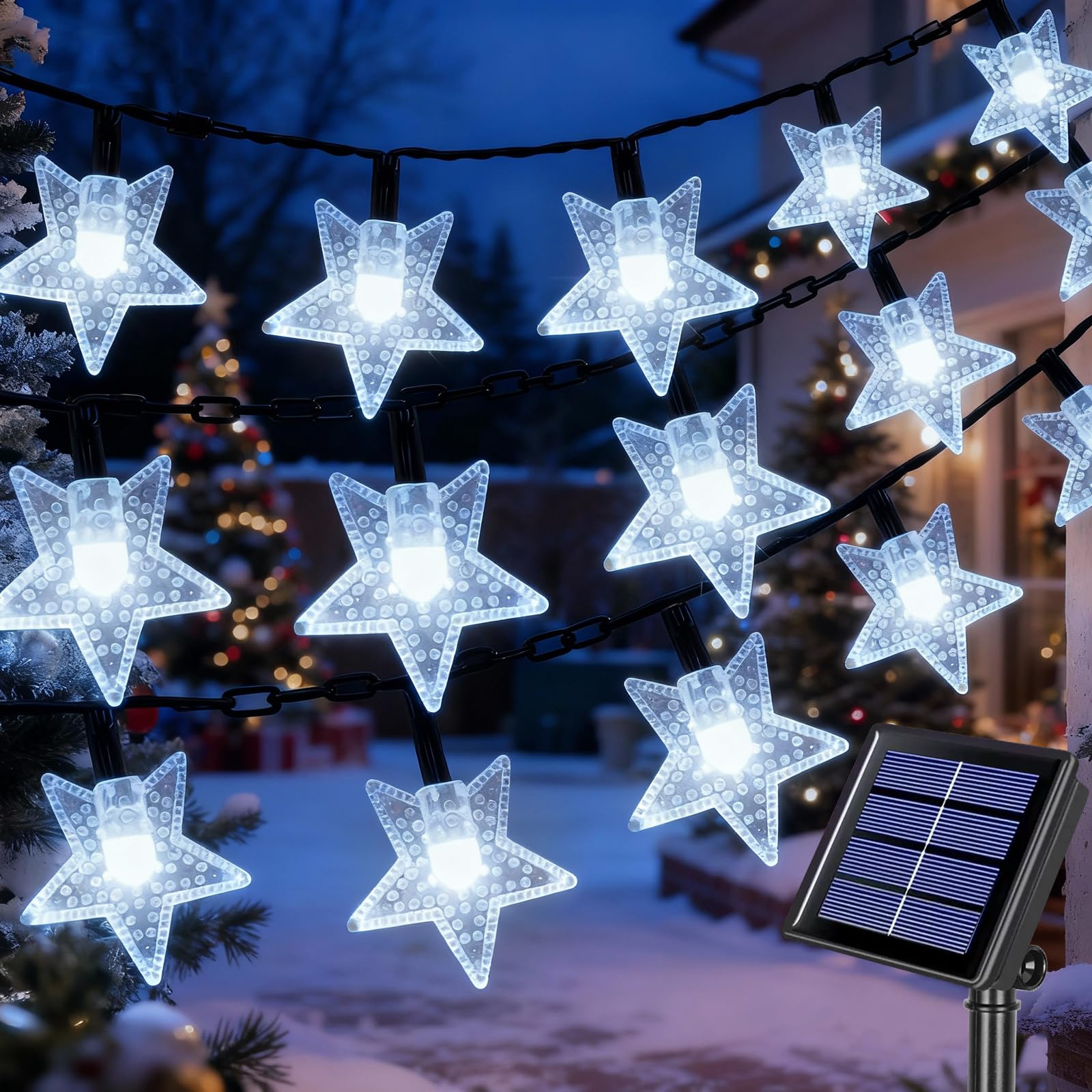 Qoosea Solar Star String Lights 14M, 120 LED Outdoor Solar Powered Waterproof Fairy Lights, 8 Modes with Auto On/Off Timer for Garden Yard Fence Christmas Wedding Party Decor (Cold White)