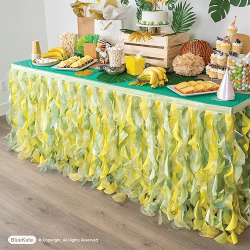 Miniatura 2 de BLUEKATE Falda de mesa verde limón. Falda de mesa de 6 pies con organza de doble capa. Decoraciones temáticas de selva, cumpleaños, decoraciones de