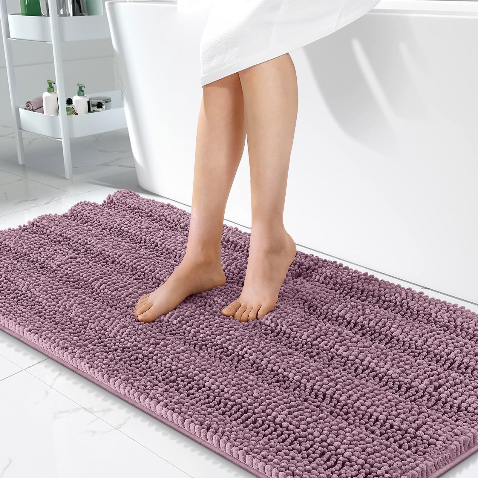 OLANLY Thick Bathroom Runner Rugs 47x24, Soft Chenille Bath Rugs, Deep Plum
