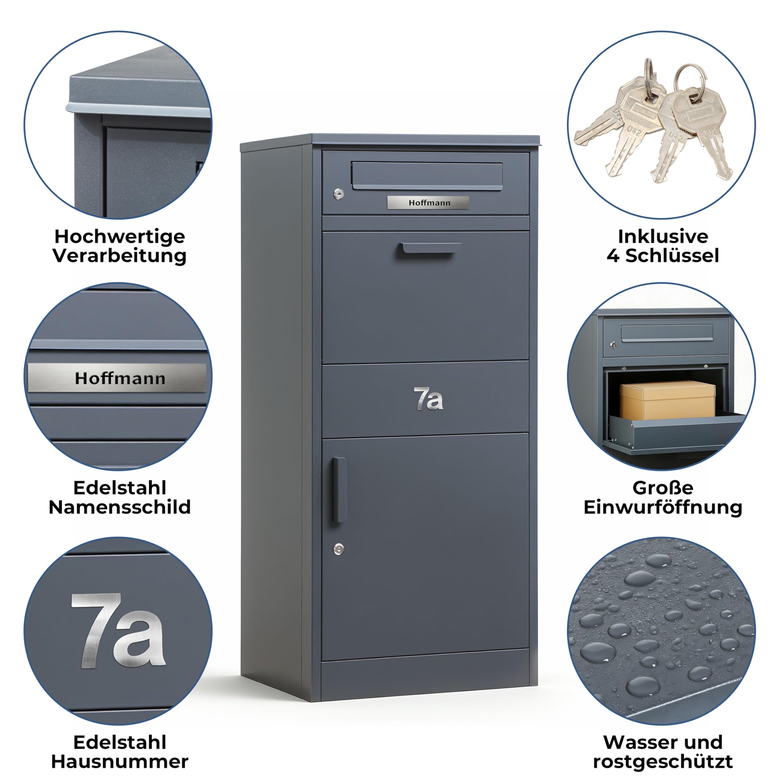 Zedelmaier Paketbox Briefkasten mit großem Paketfach, XXL Paketbriefkasten für Außenbereich, personalisiert mit Edelstahl Namensschild & Hausnummer, inkl. 4 Schlüssel(112 x 50 x 39 cm)