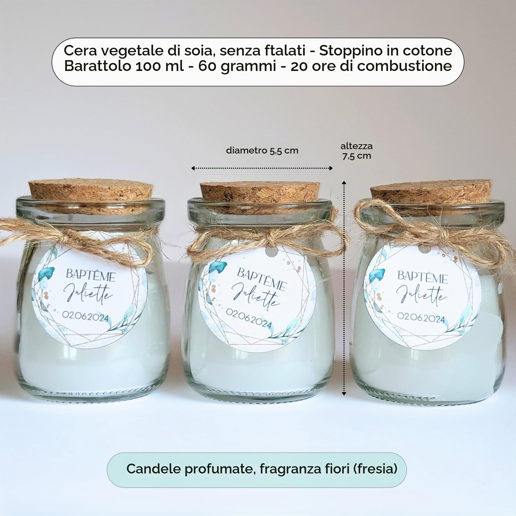 15 candele grandi personalizzate | 20H - 100ML - 60GR | Regalo ospite matrimonio, baby shower, battesimo, comunione, compleanno - Regalo grazie | TE Whaka