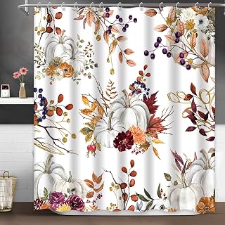 Autumn Boho Pumpkins Shower Curtain Watercolor Floral Leaves Rustic Fall Shower Curtain Farmhouse Thanksgiving Harvest Waterproof Polyester Fabric Bathroom Bathtubs Decor Set 72 x 72 Inches