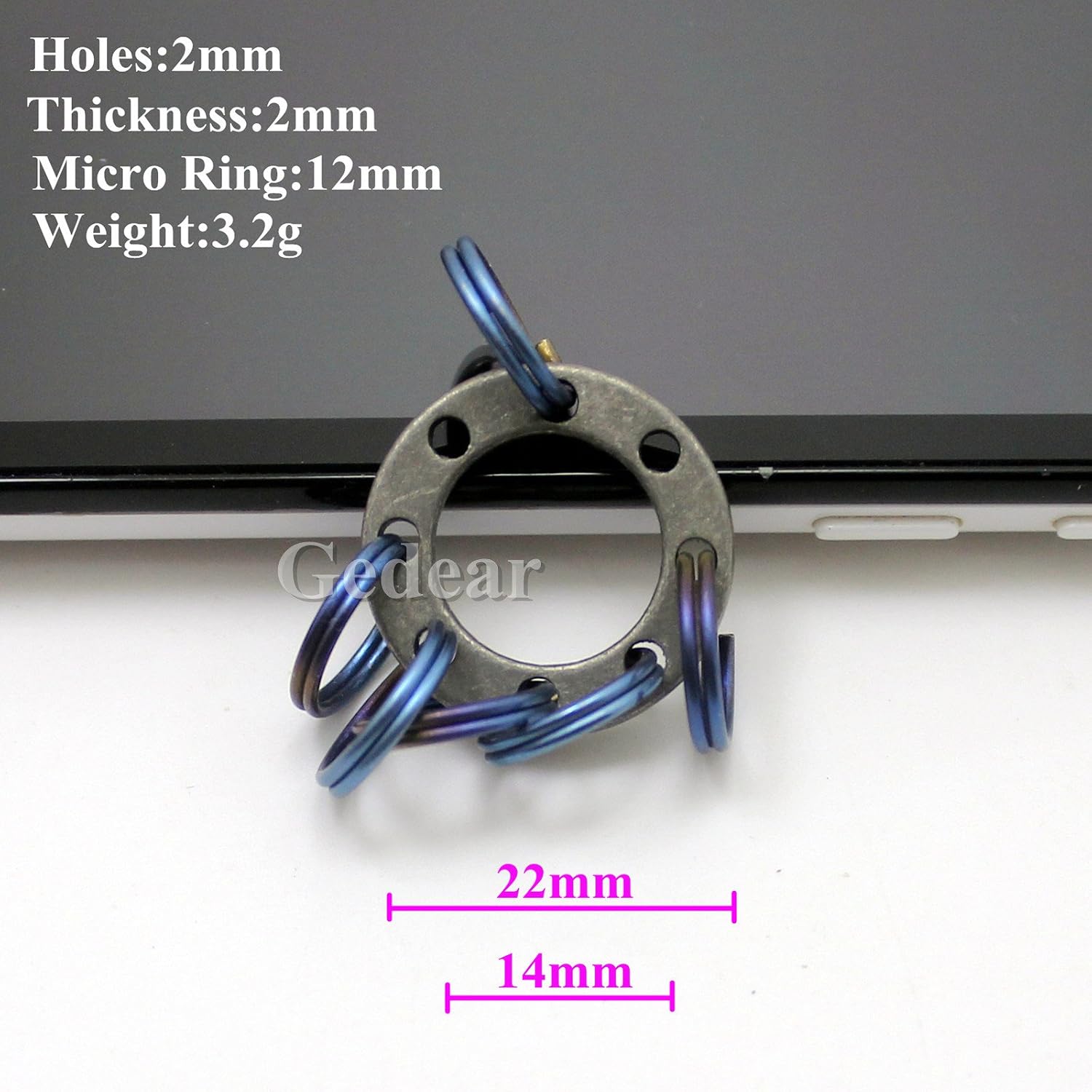 Titanium Accessories EDC UFO UNI-FLEX Organizer Keyring+6pcs 12mm Ti Micro Ring Anodized Blue