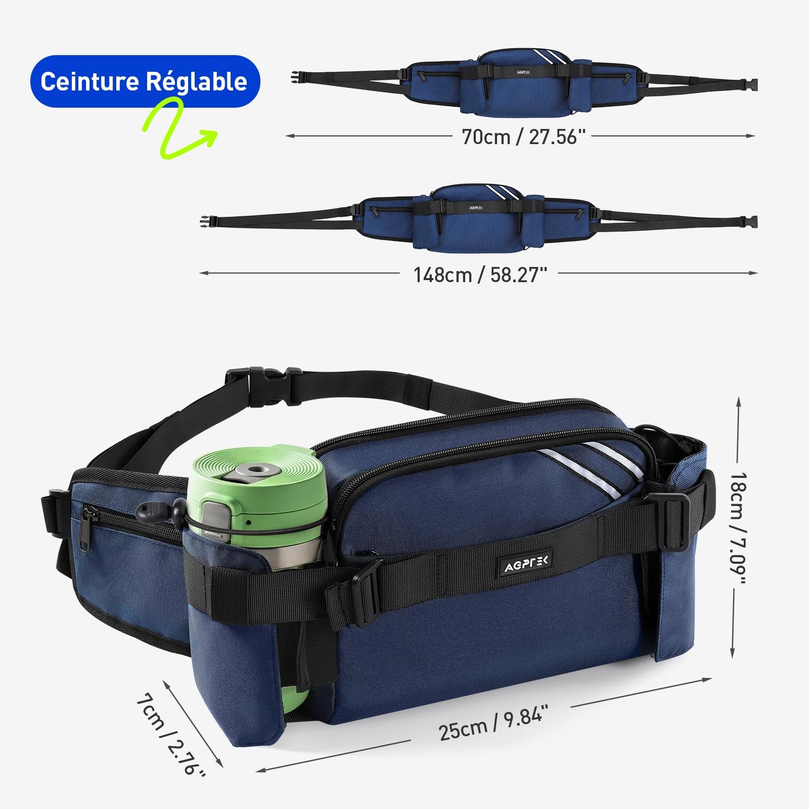 AGPTEK Sac Banane avec Porte-Gourde, Grande Capacité Sacoche Banane Ceinture pour Homme Femme, Réglable Multi-Poches pour Course à Pied, Randonnée, Vélo, Camping et Voyage