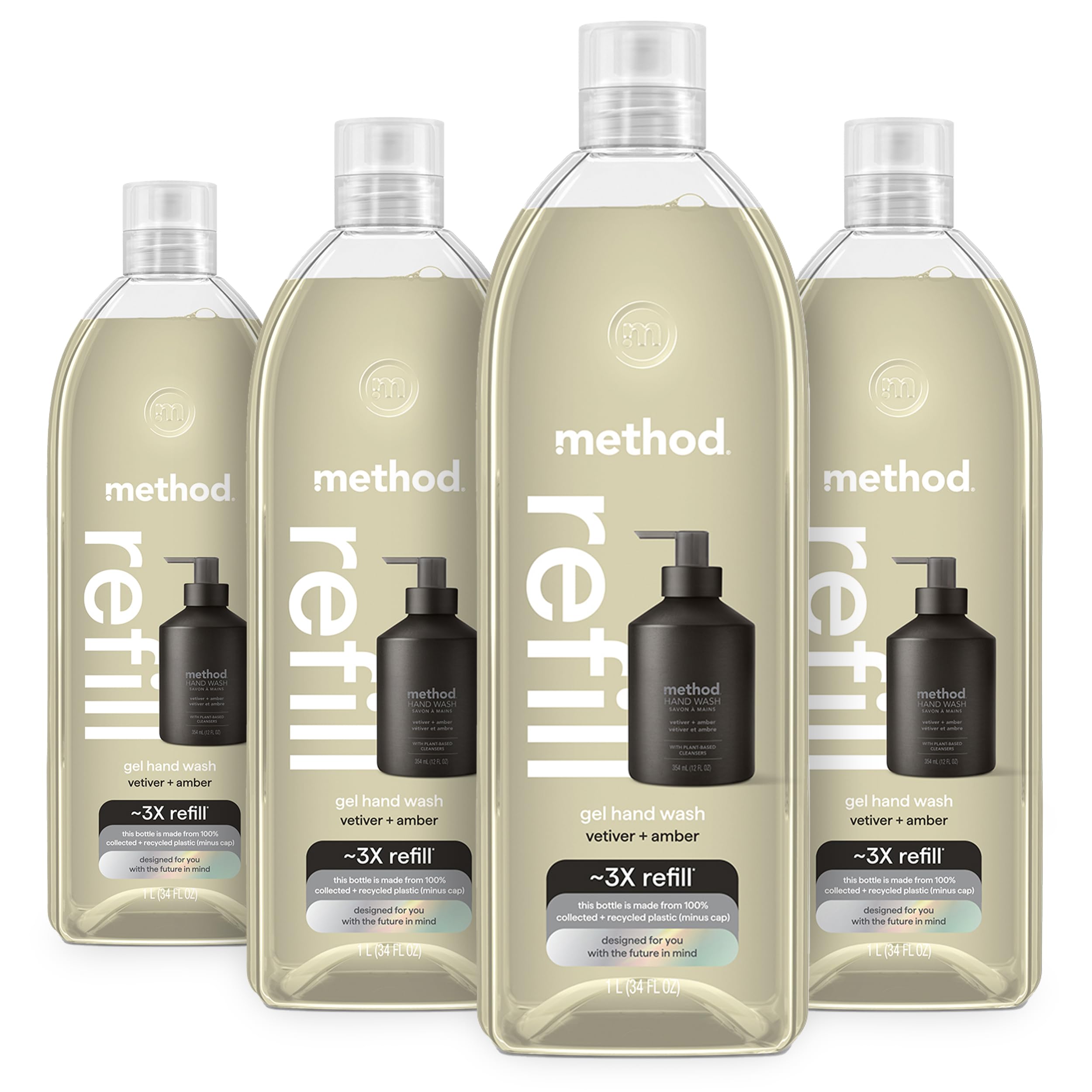 Method Premium Gel Hand Wash Refill, Vetiver + Amber, Recyclable Bottles, 34 fl oz (Pack of 4) (Packaging May Vary)