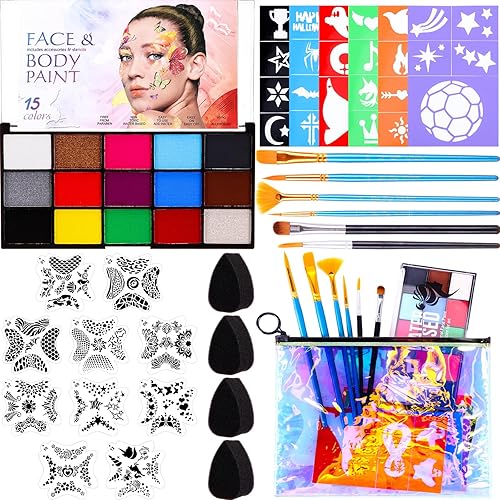 Qilery El kit de 30 plantillas de pintura facial incluye paleta de pastel de pintura facial, 12 plantillas de pintura facial reutilizables, 6