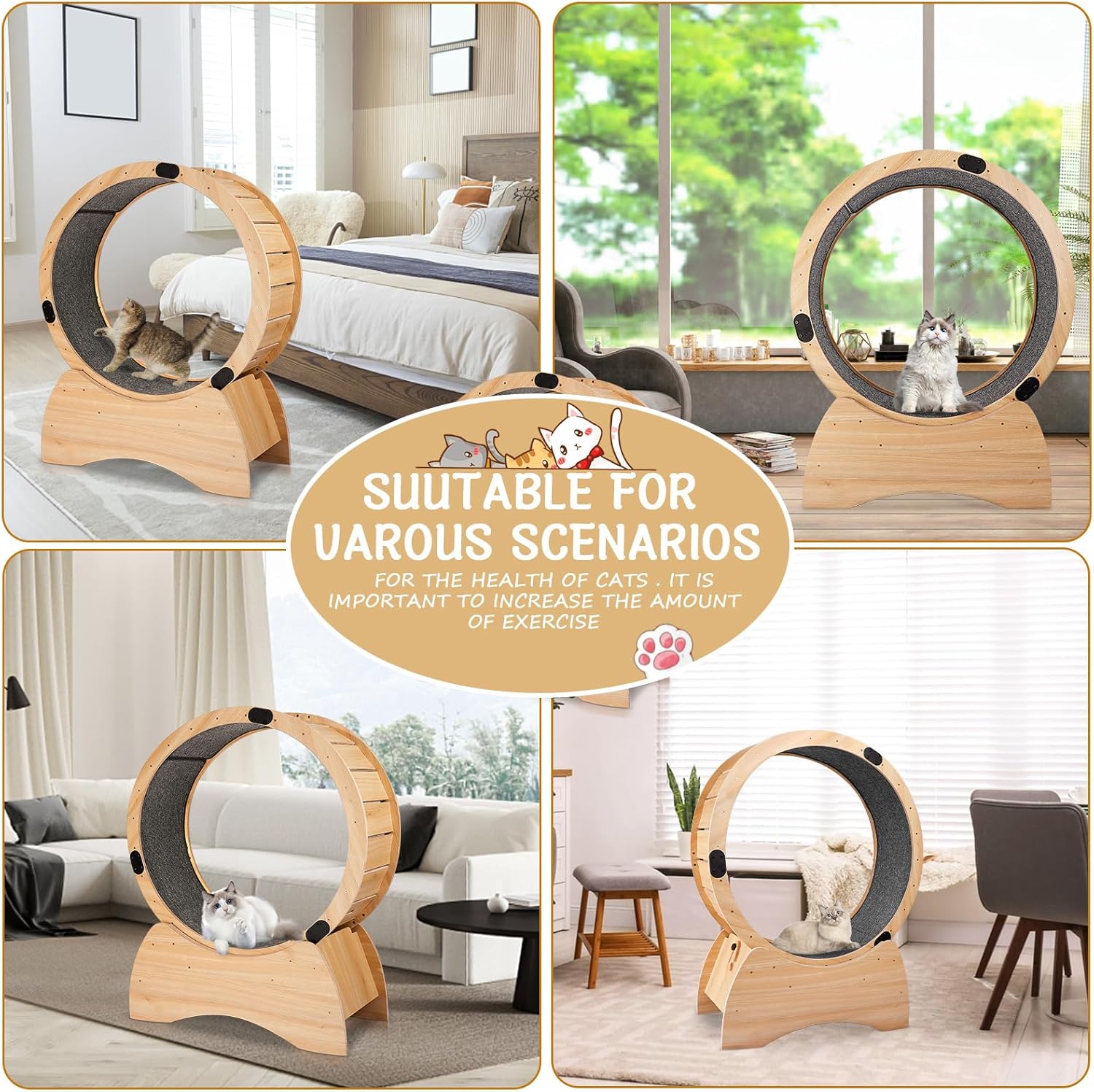 Solid Wood Cat Exercise Wheel Pet Loss Weight Daily Exercise Physical Activity Wheel for Running Spinning Scratching Fun Oak
