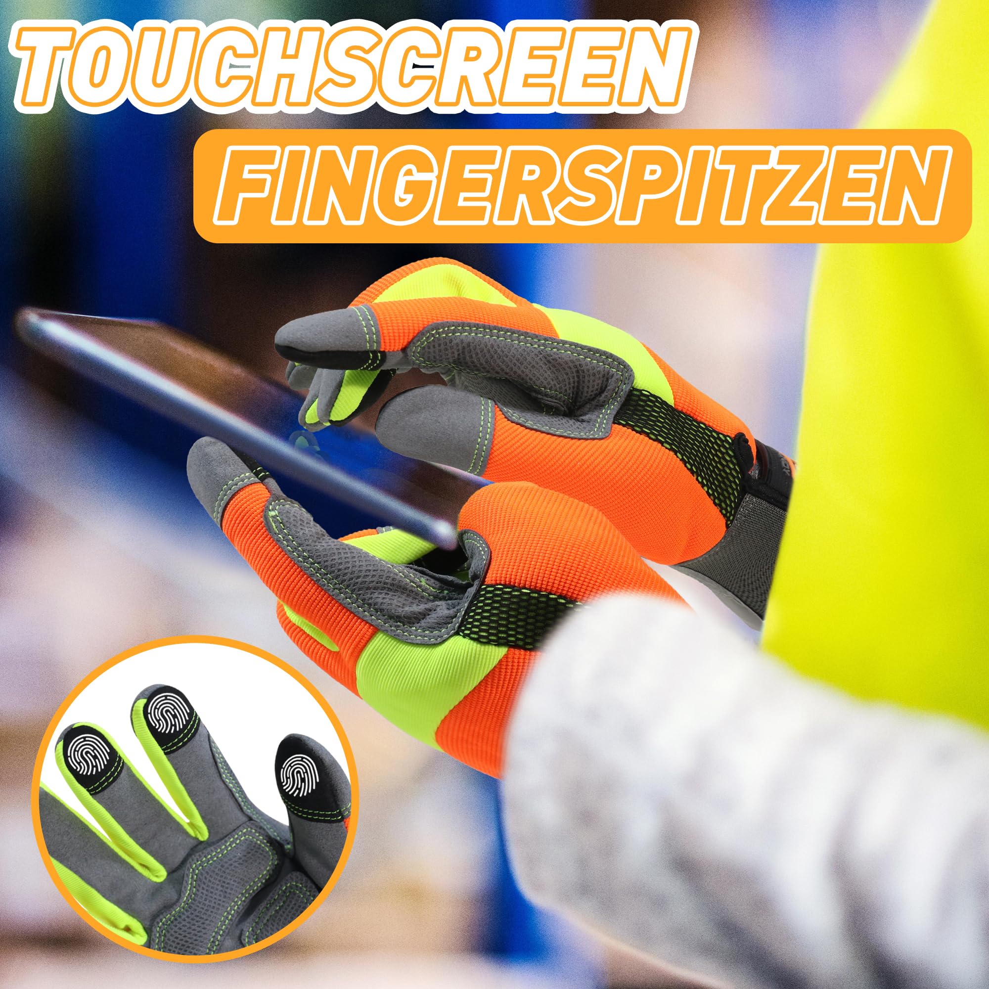 HANDLANDY 6 Paar Anti-Vibrations-Handschuhe, hochsichtbare reflektierende Sicherheits-Arbeitshandschuhe, Touchscreen, flexible Spandex-Rückseite, Anti-Vibrations-Handschuhe (L, Orange)