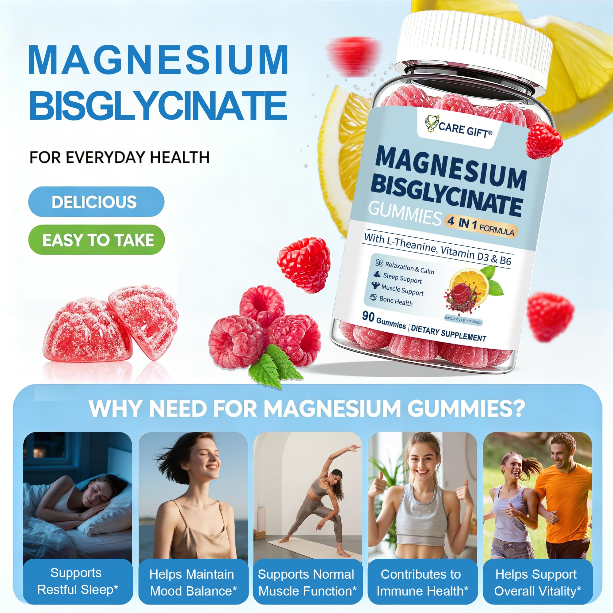 Magnesium Bisglycinate Gummies 400mg Chelated Magnesium with Vitamin D3 B6 and L-Theanine Sleep Support Calm, Muscle Relaxation Bone Health, 90 Gummies| 45 Day Supply, Lemon Raspberry Flavor — Amazon image 5
