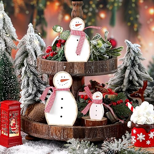 Miniatura 5 de 3 piezas de adornos de madera de muñeco de nieve de Navidad, centros de mesa rústicos de Navidad, bandeja escalonada, decoración de mesa para
