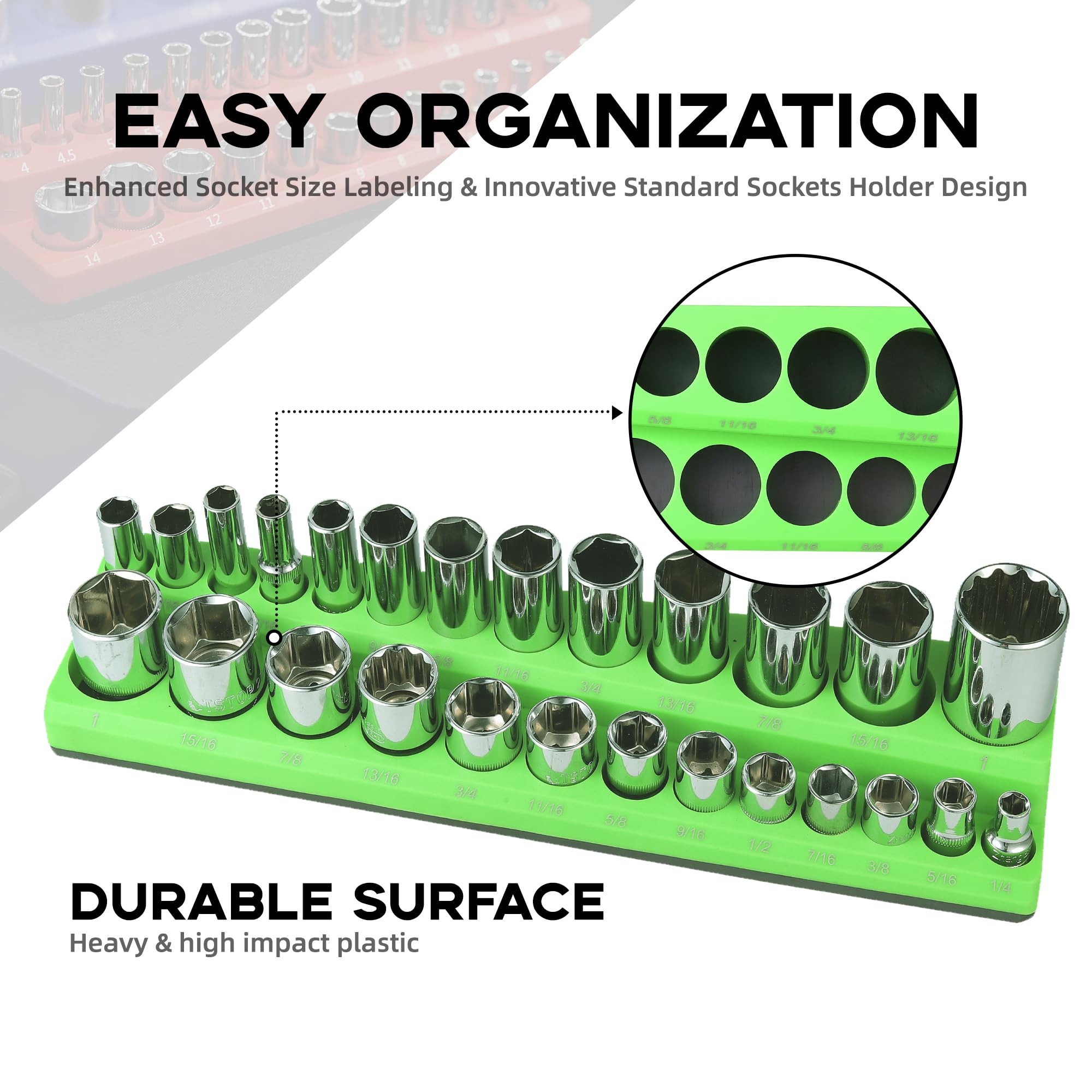 Reniteco Organizer magnetico per prese – Kit di 6 pezzi verde SAE e nero – 1/2, 3/8, 1/4 – contiene 143 prese, grado professionale – vassoio magnetico